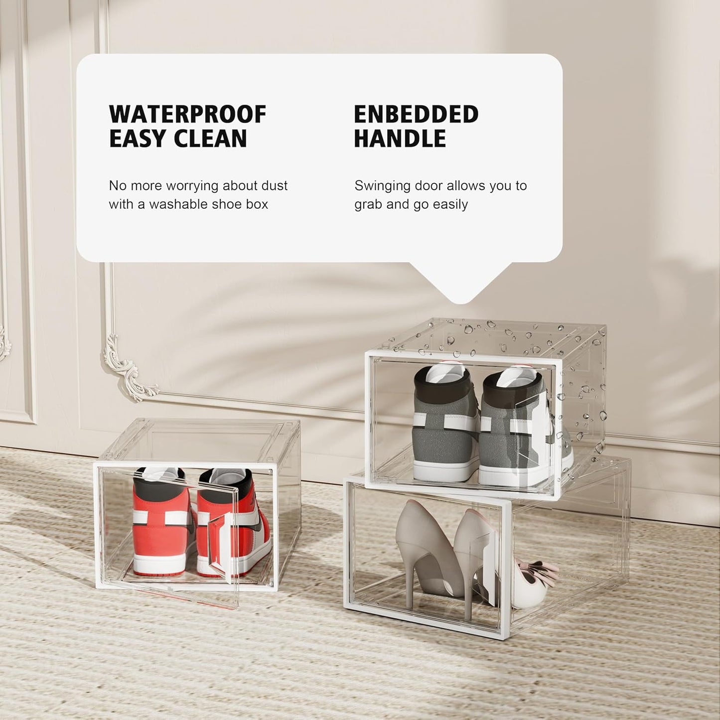 Shoe Storage Boxes Fit Size 13, White Plastic Stackable Shoe Organizer for Closet, Shoe Rack & Holder Sneaker Container, Thicken & Sturdy 6-Sided Hard Clear White 6 Pack