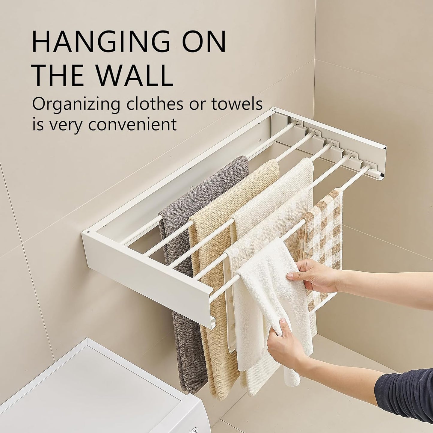 JOOM Laundry Drying Rack Collapsible, Wall Mounted Clothes Drying Rack, Retractable Drying Rack, 31.5" Wide, 5 Aluminum Rods, 60 lb Capacity (White 31.5")