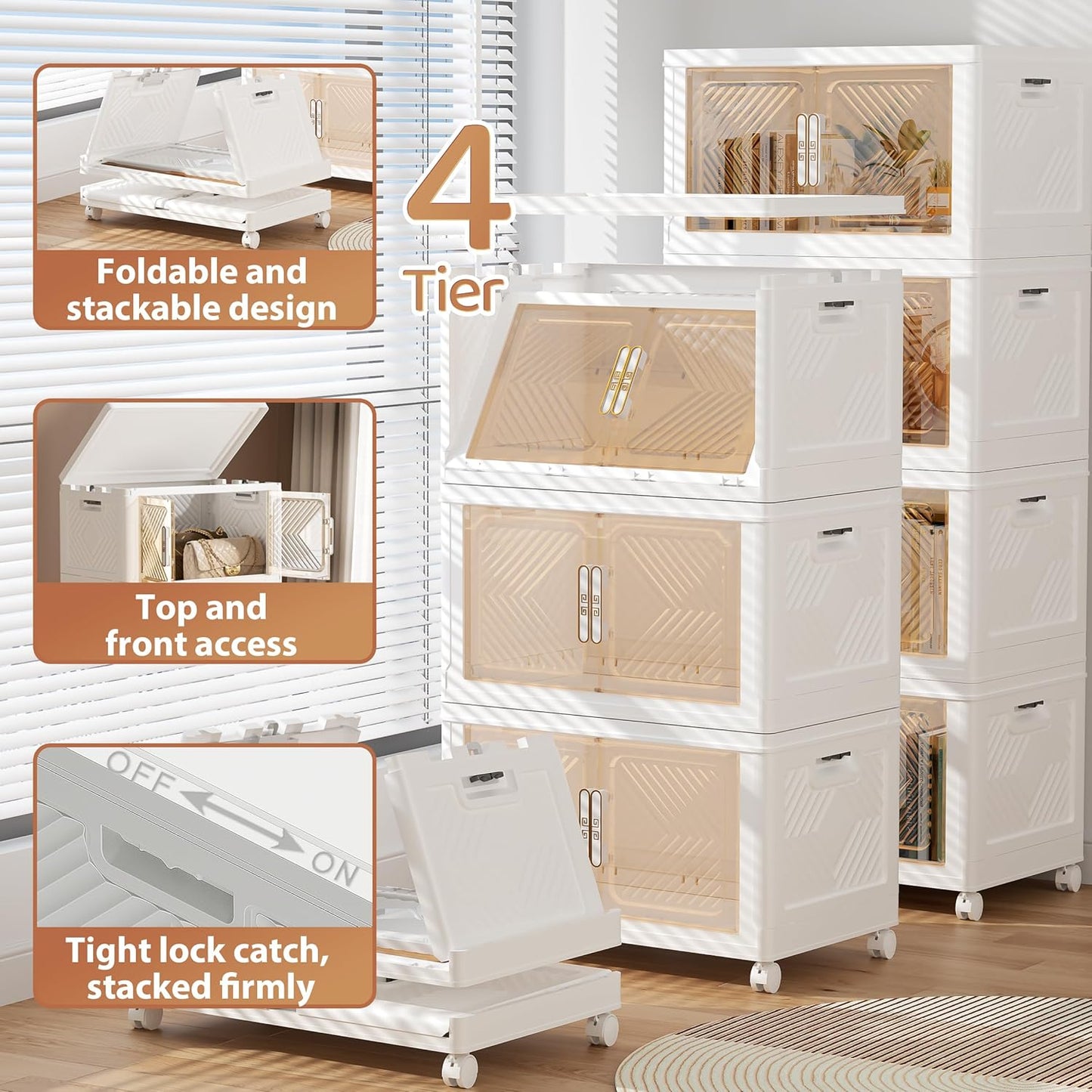 Storage Bins with Lid 76QT, Stackable Storage Containers with Wheels and Magnetic Doors, Plastic Clothes Closet Organizers and Storage Box for Pantry, Home and Office (4 Pack)