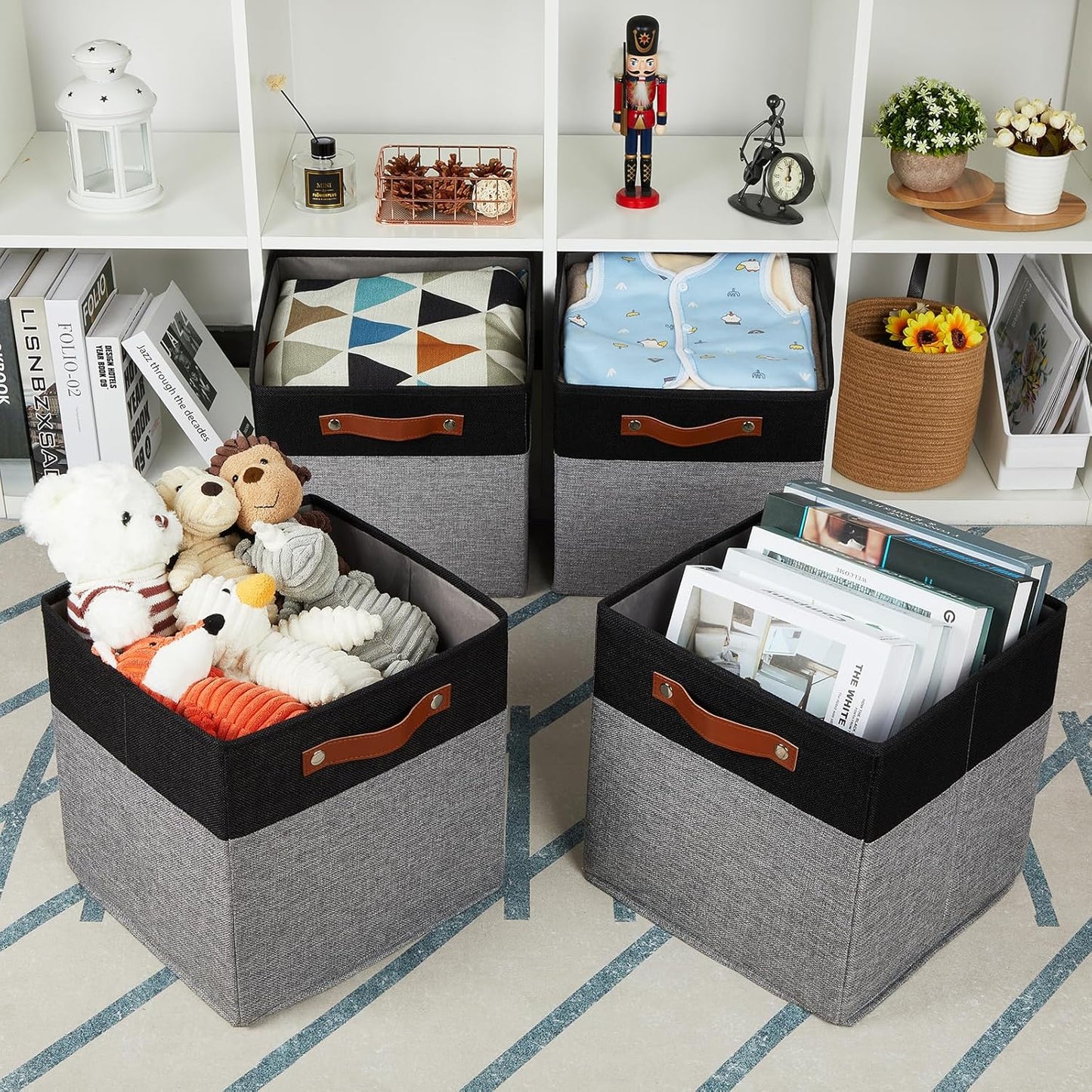 HNZIGE Cube Storage Baskets,Fabric Storage Cubes 12 x 12, Set of 4,Decorative Storage Baskets for Organizing with Handles,Closet Bins for Shelf Organizer Home Toy Nursery Closet(Black Gray)
