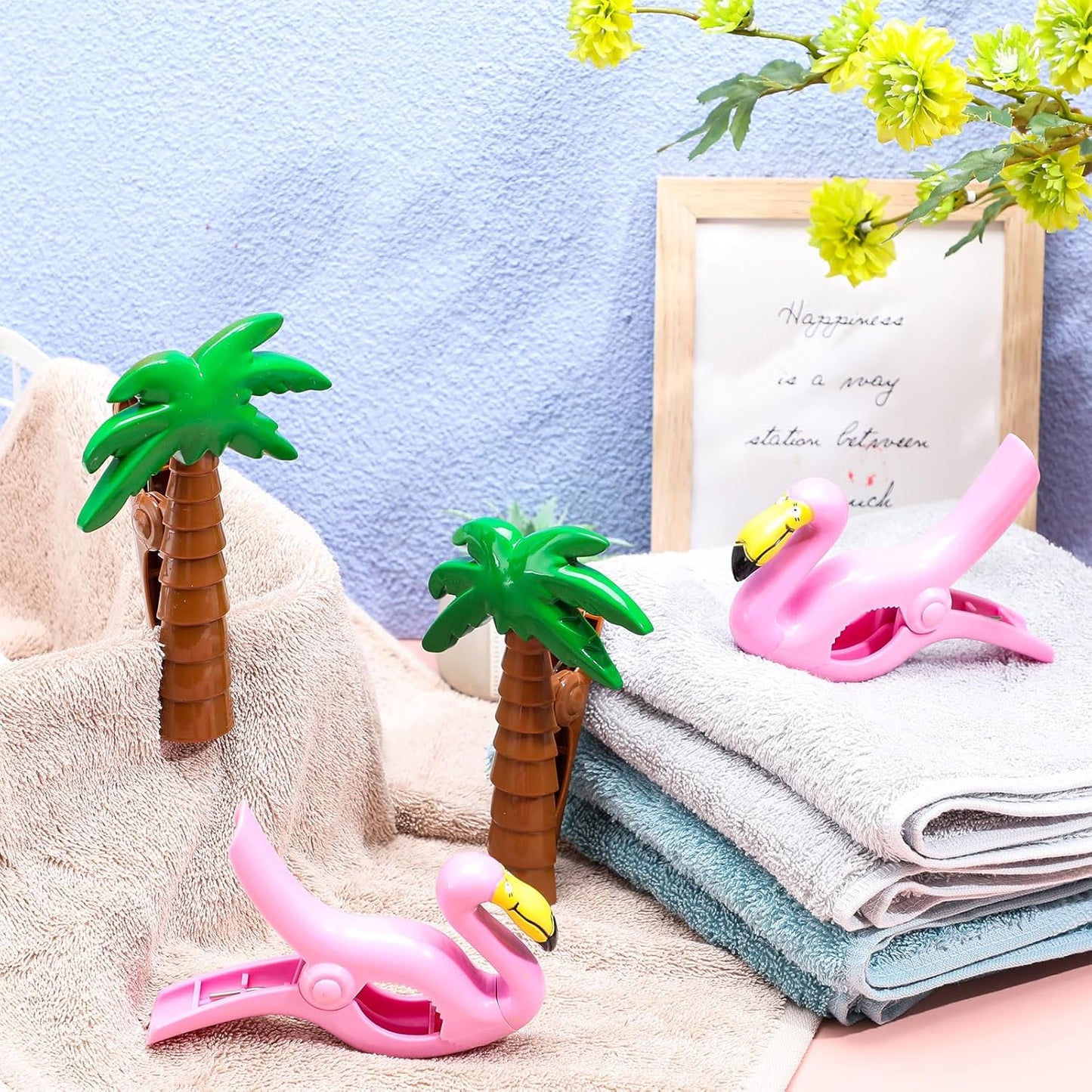 4 Pieces Beach Towel Clip Jumbo Size Chair Clips Towel Holder Clothes Pegs Christmas Stocking Clamp for Cruise Patio Pool Holiday Vacations(Flamingo, Coconut Palm,Pink, Green)