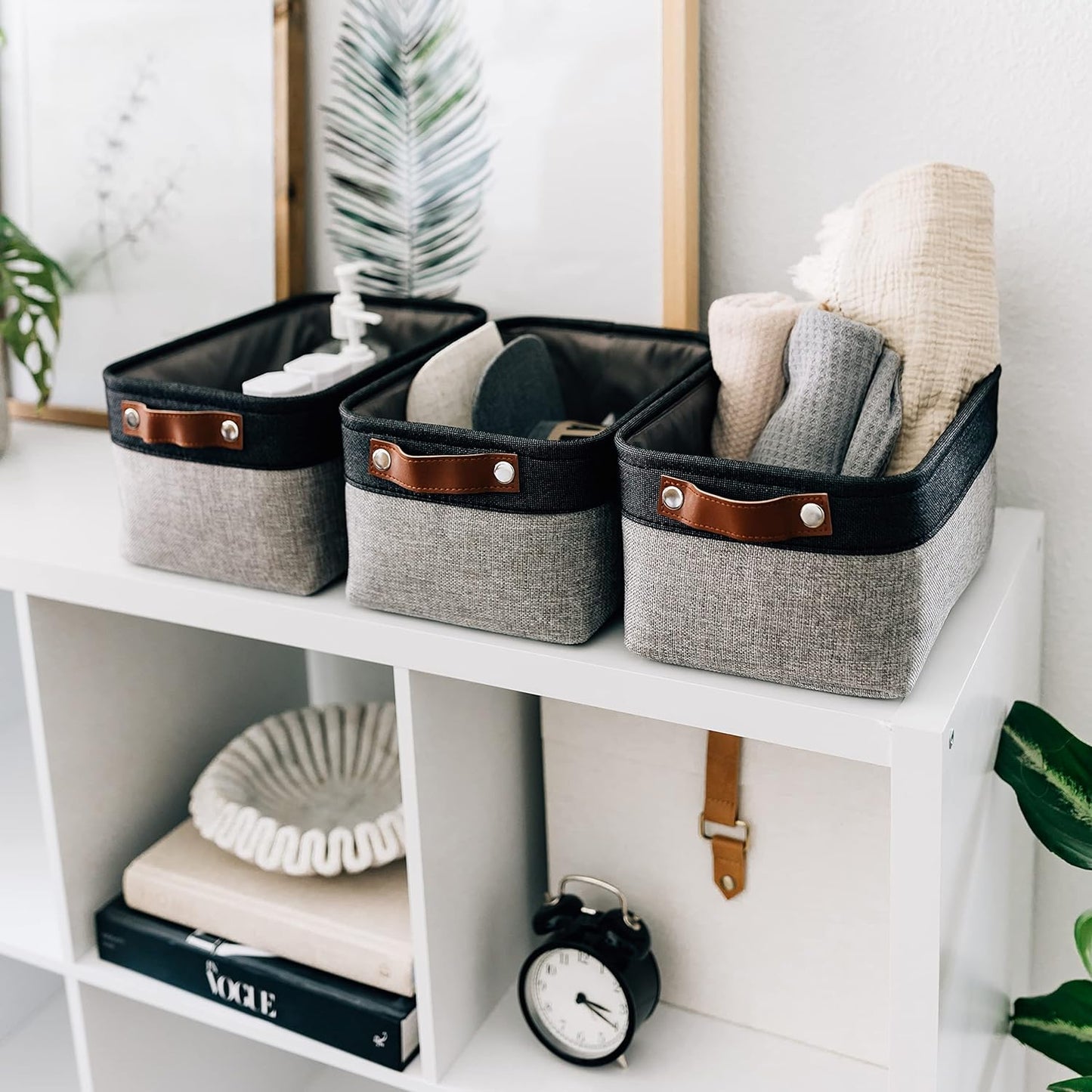 OrganiHaus Small Fabric Storage Baskets for Shelves 6 Pack, 12x8in Closet Storage Bins for Shelves, Cloth Baskets for Organizing, Linen Closet Organizers, Fabric Basket, Gray/Black