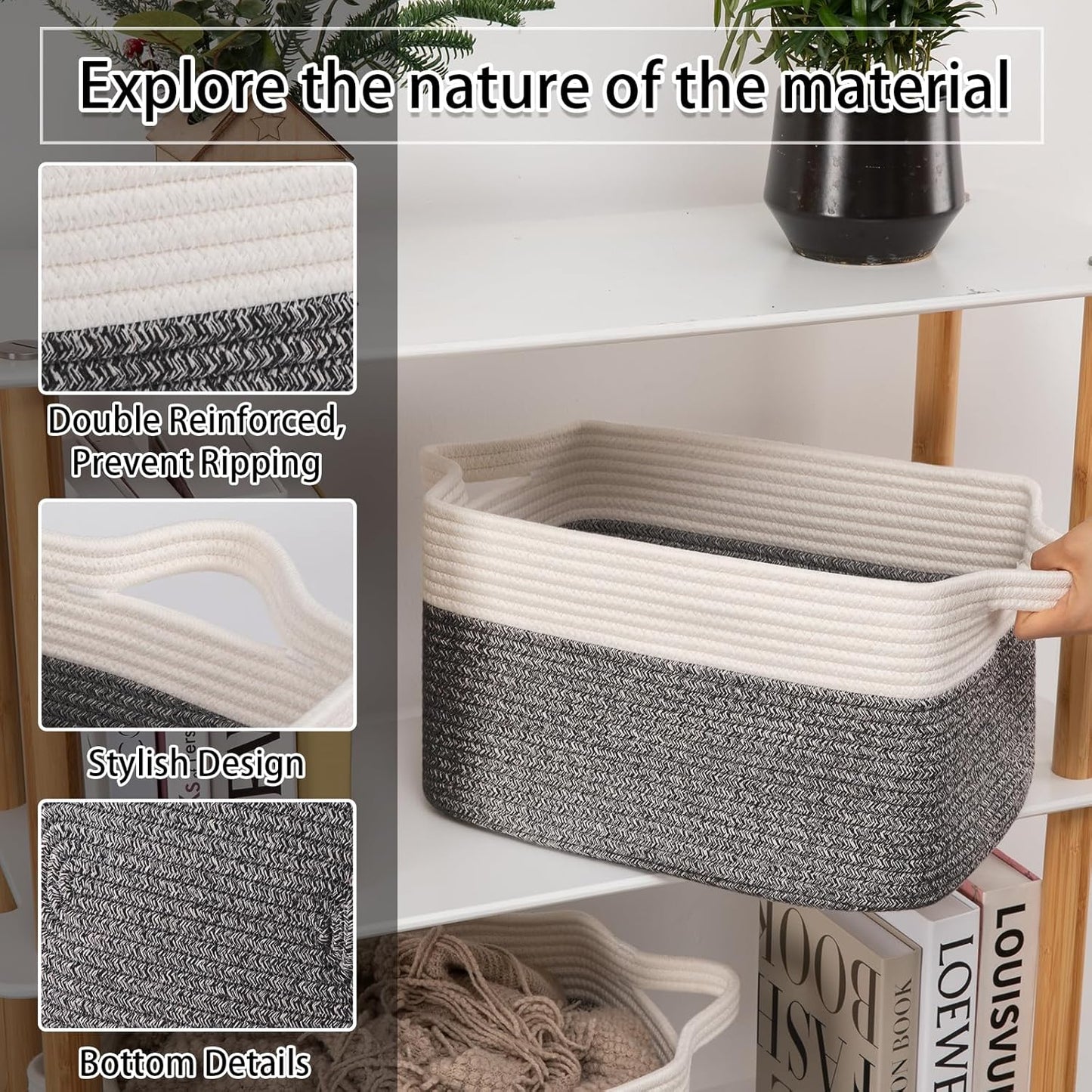 OIAHOMY 3 Pack Storage Basket for Organizing, 13''X9.85''X8.7'' Woven Storage Bins with Handles, toy organizers,Stylish Room Decor, Black variegated