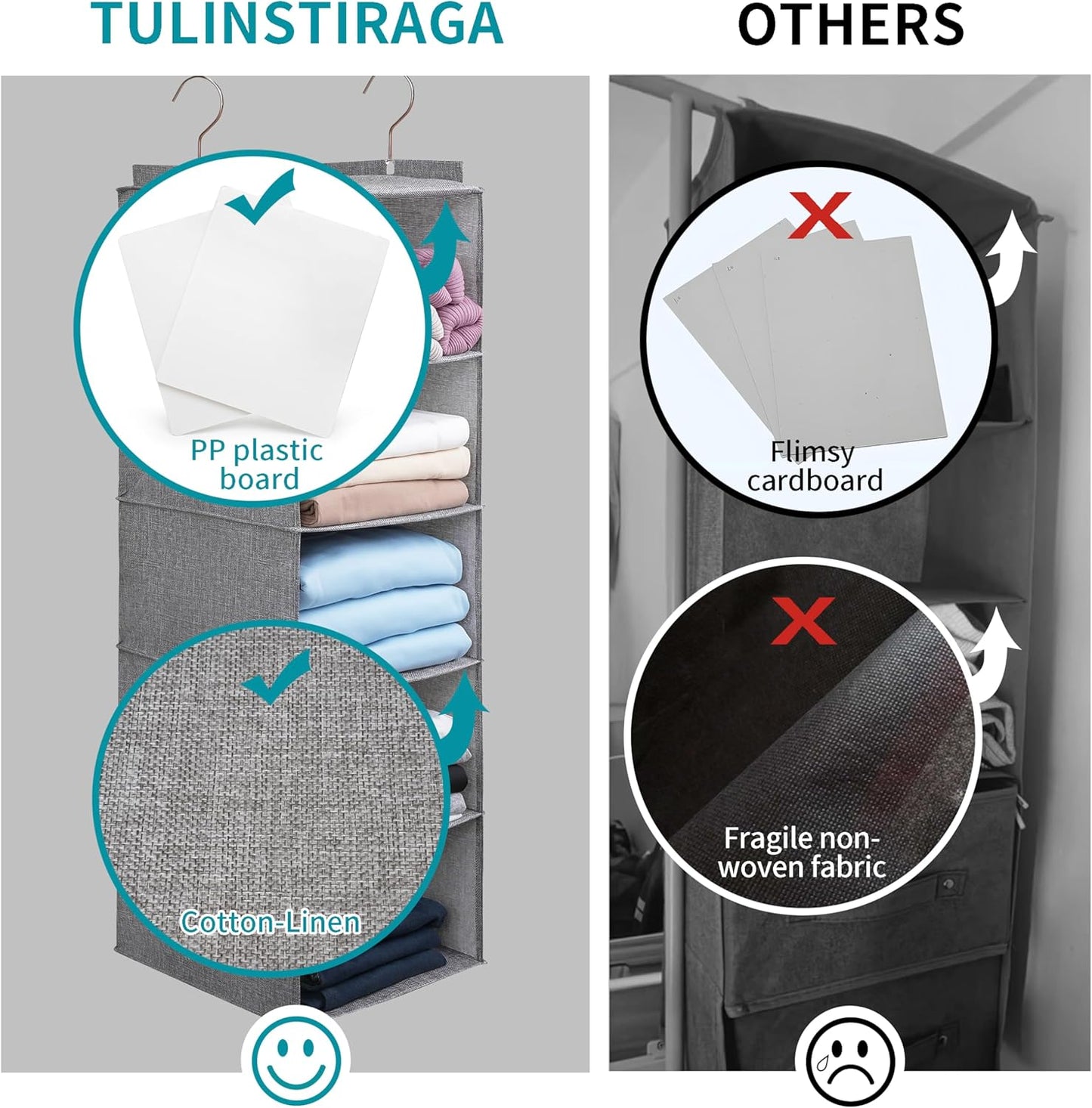 Large Hanging Sweater Organizer for Closet,Collapsible 6-Shelf Hanging Closet Shelves with Drawers, Washable (Grey-6 Shelf-2 d)