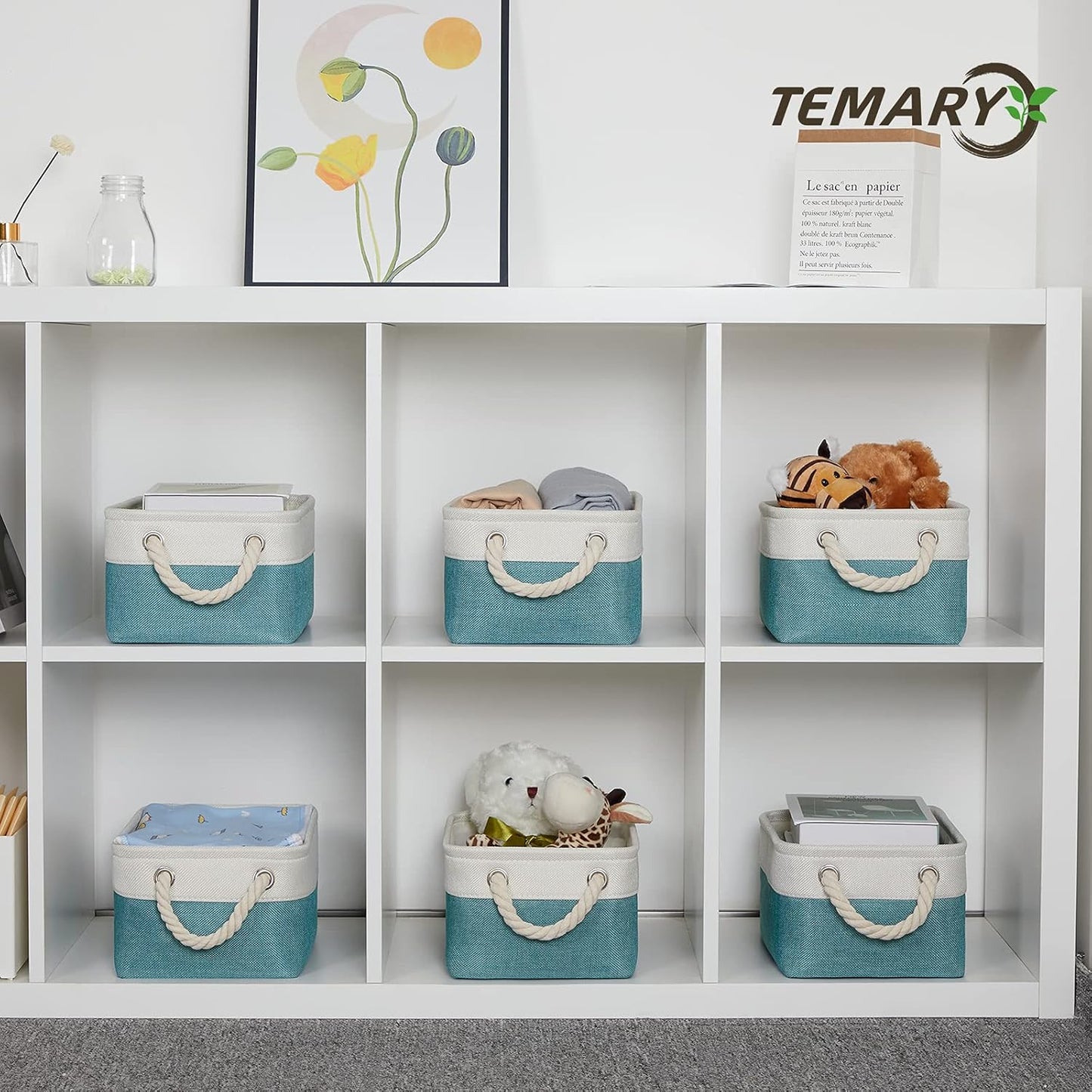 Temary Small Fabric Basket Shelf Storage Bins for Organizing 6 Pcs Decorative Baskets for Gifts Empty Collapsible Small Storage Bins for Home, Closet(Teal,11.8 L x 7.9 W x 5.3 H inches)