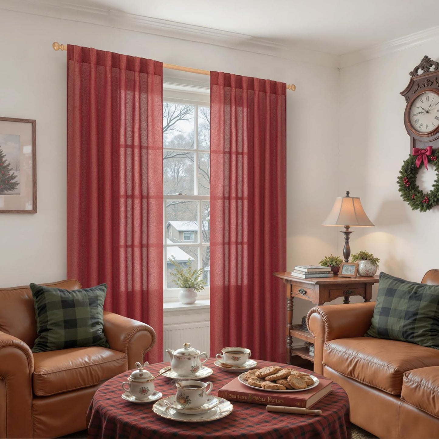 YoungsTex Red Linen Curtains 80 Inch Length for Living Room, Light Filtering Semi Sheer Drapes with Back Tab Rod Pocket for Christmas Bedroom Dining Room, 2 Panels, 52 X 80 Inch