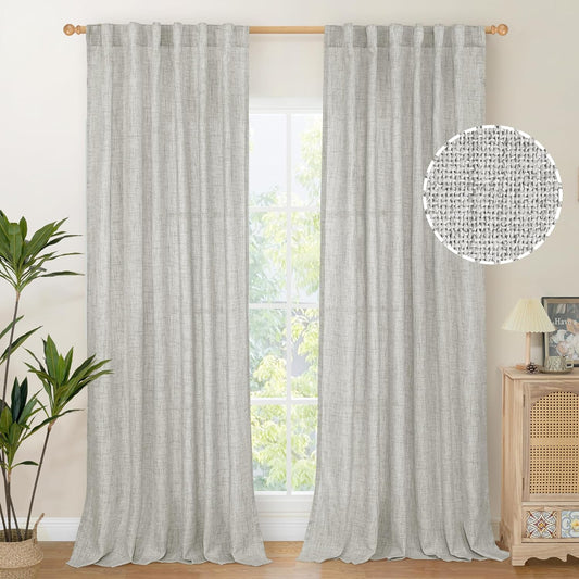 YoungsTex Light Grey Linen Curtains 95 Inches Long for Living Room, Floor Length Semi Sheer Drapes with Rod Pocket Back Tab Light Filtering Window Treatments for Bedroom, 52 X 95 Inch, 2 Panels