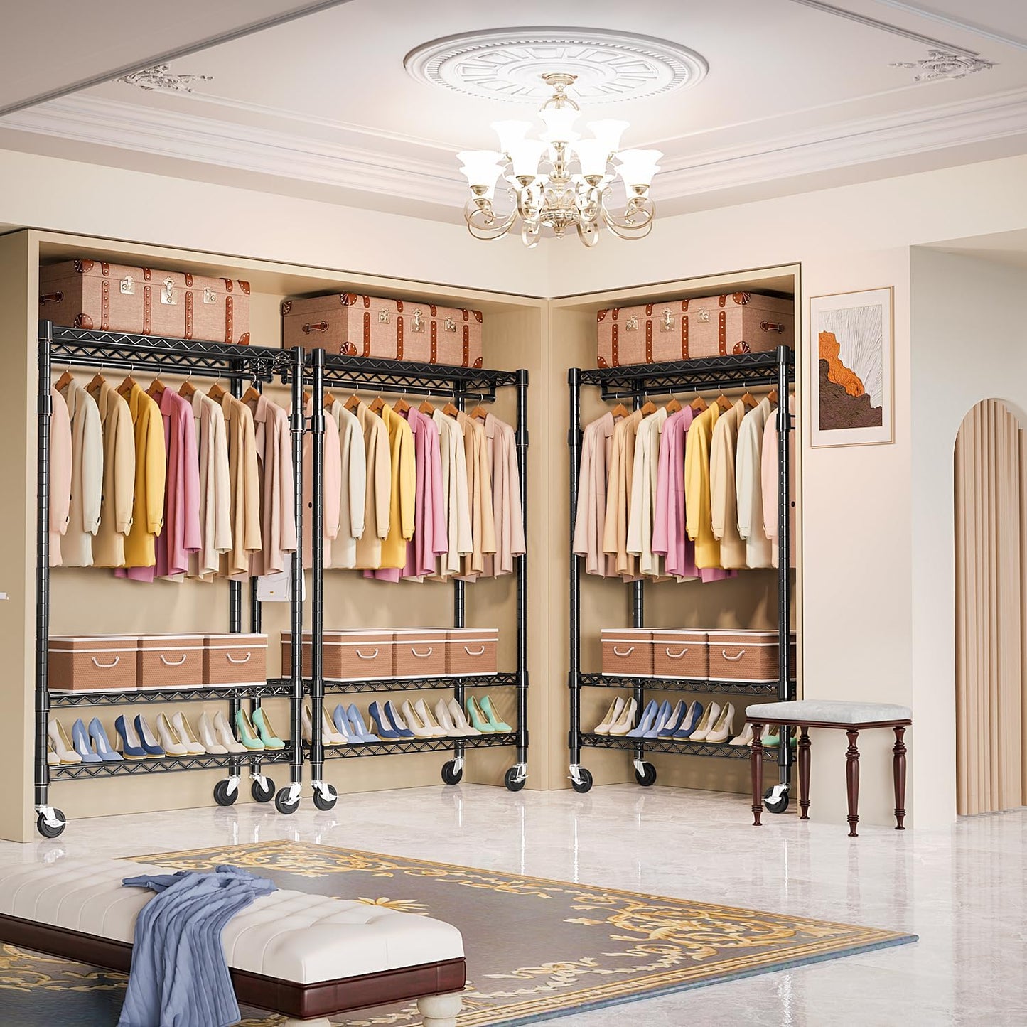 Heavy Duty Rolling Garment Rack 3 Tiers Adjustable Wire Shelving Clothes Rack with Rods and Side Hooks,Storage Closet Clothing Rack with Wheels Black 17.7" D x 47.2" W x 83.6" H