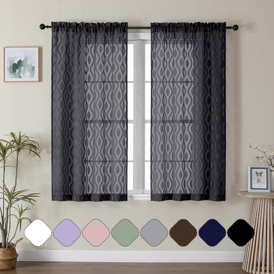 Aiyufeng Sheer Curtains 54 Inch Length 2 Panels, Soft Lightweight Clip Jacquard Textured Black Curtains for Bedroom Living Room, Modern Wavy Line Solid Voile Sheer Drapes, 40" Wx54 L Inches