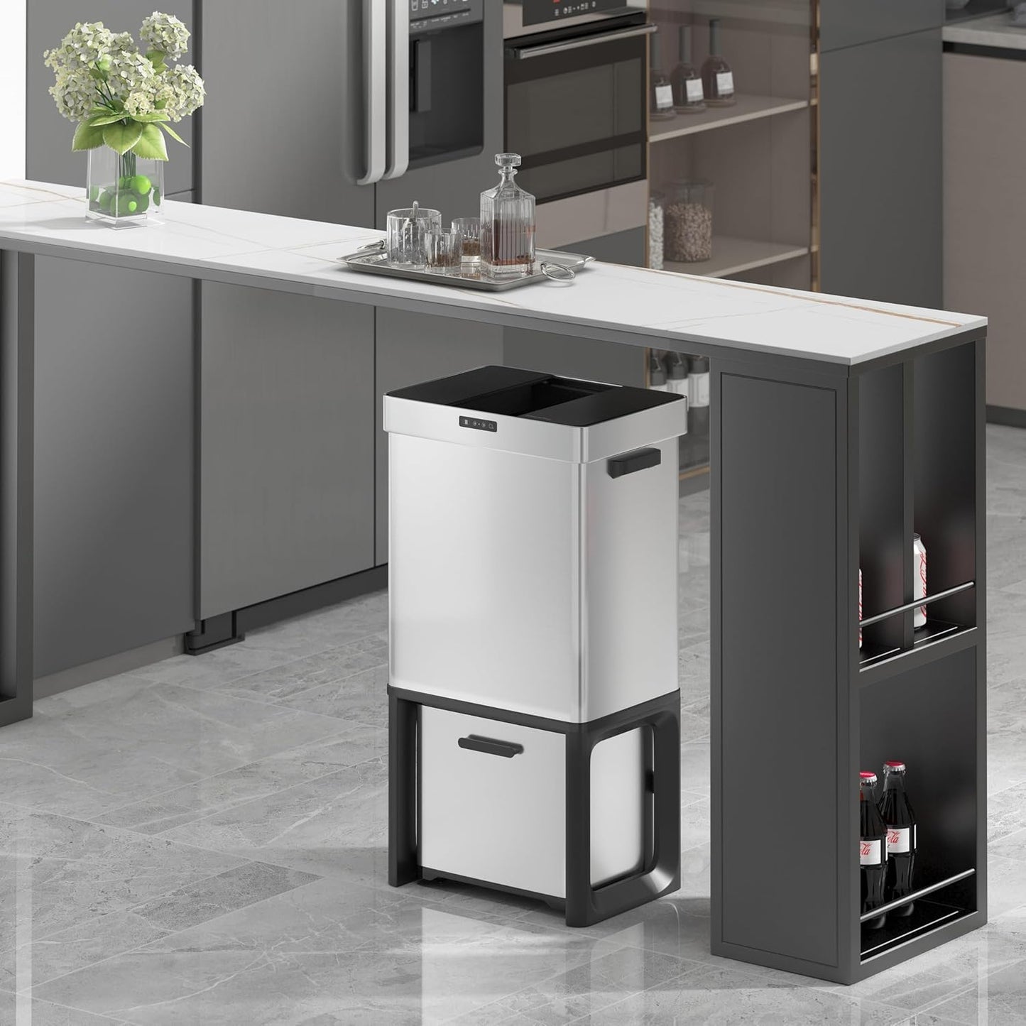 19 Gal Kitchen Automatic Motion Sensor Trash Can with 2 Recycling Dustbin(50L+22L),Ozone Odor Control Stainless Steel Garbage Can with Slide-Open Lid