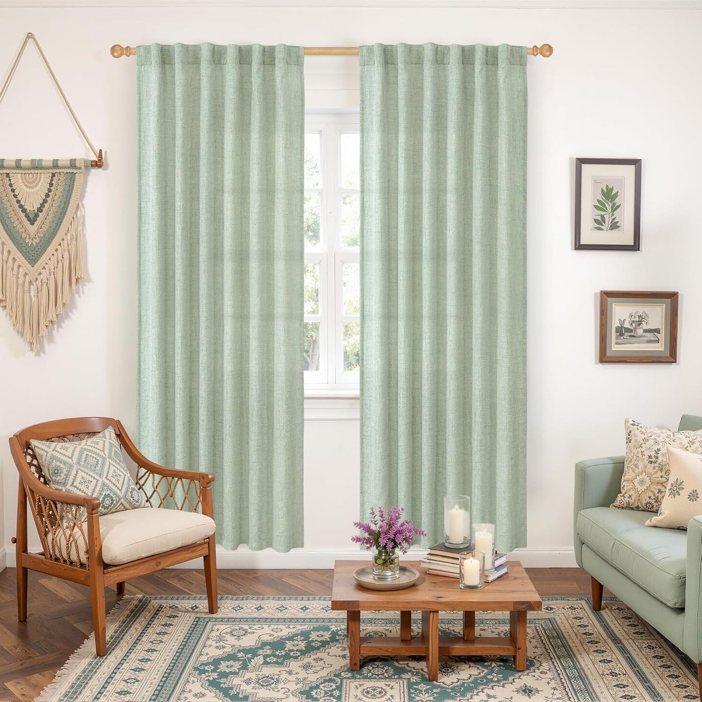 YoungsTex Sage Green Linen Curtains 78 Inches Long for Living Room, Semi Sheer Window Drapes Light Filtering with Rod Pocket Back Tab for Office Bedroom, 2 Panels, 52 X 78 Inch
