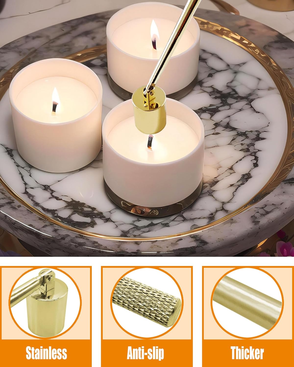 4 in1 Candle Accessory Set with Rechargeable Candle Lighter, Candle Wick Trimmer, Candle Wick Snuffer, Candle Wick Dipper, Candle Care Kit (Gold)