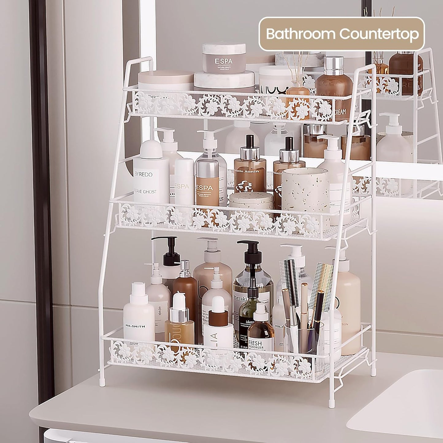 3-Tier Large Size Storage Rack,Counter Organiztion for Bathroom Countertop Organizer Shelf for Spice Racks for Kitchen/Sink/Bedroom/Living room/Office/Plant Rack with Two Metal Baskets