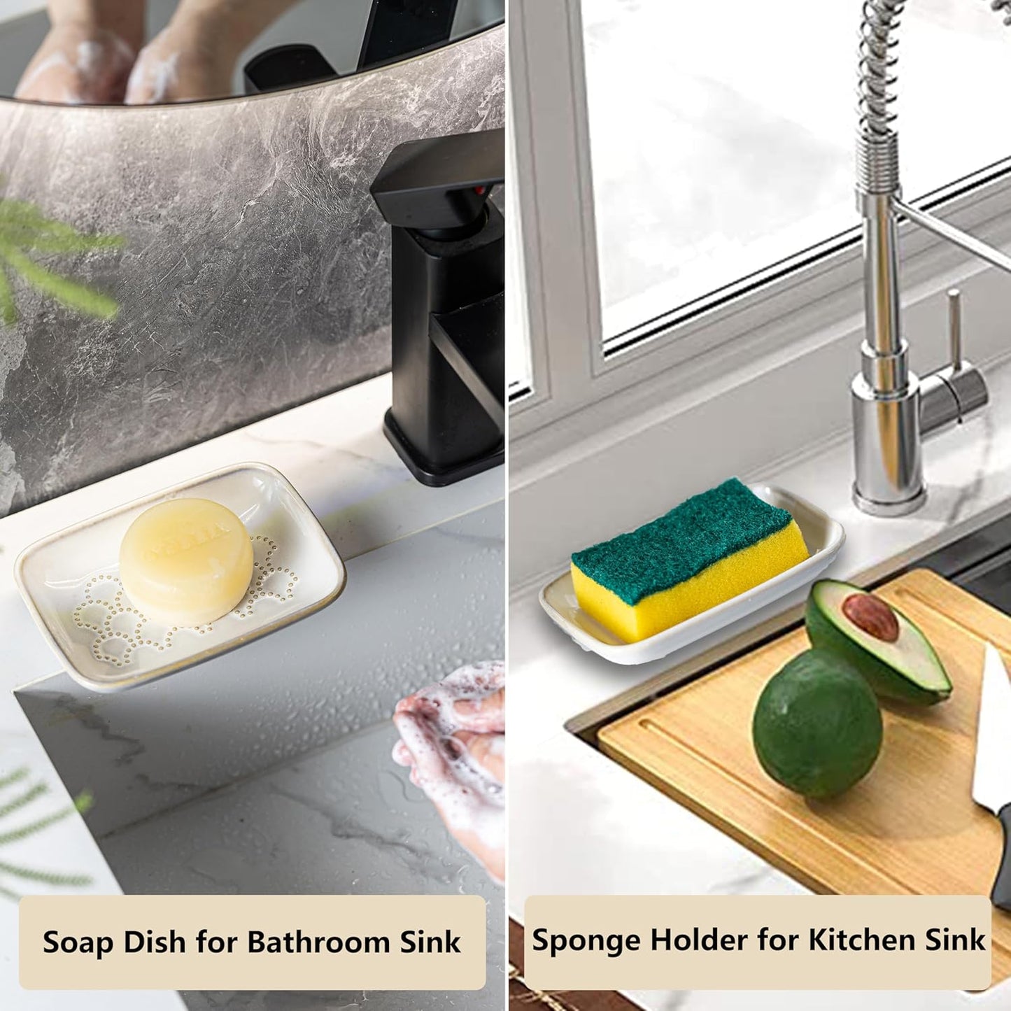 Gomakren Soap Dish for Shower, Ceramic Soap Dishes for Bar Soap Sponge, Shower Soap Holder Saver Tray for Bathroom Kitchen Sink, Easy to Clean, Beige