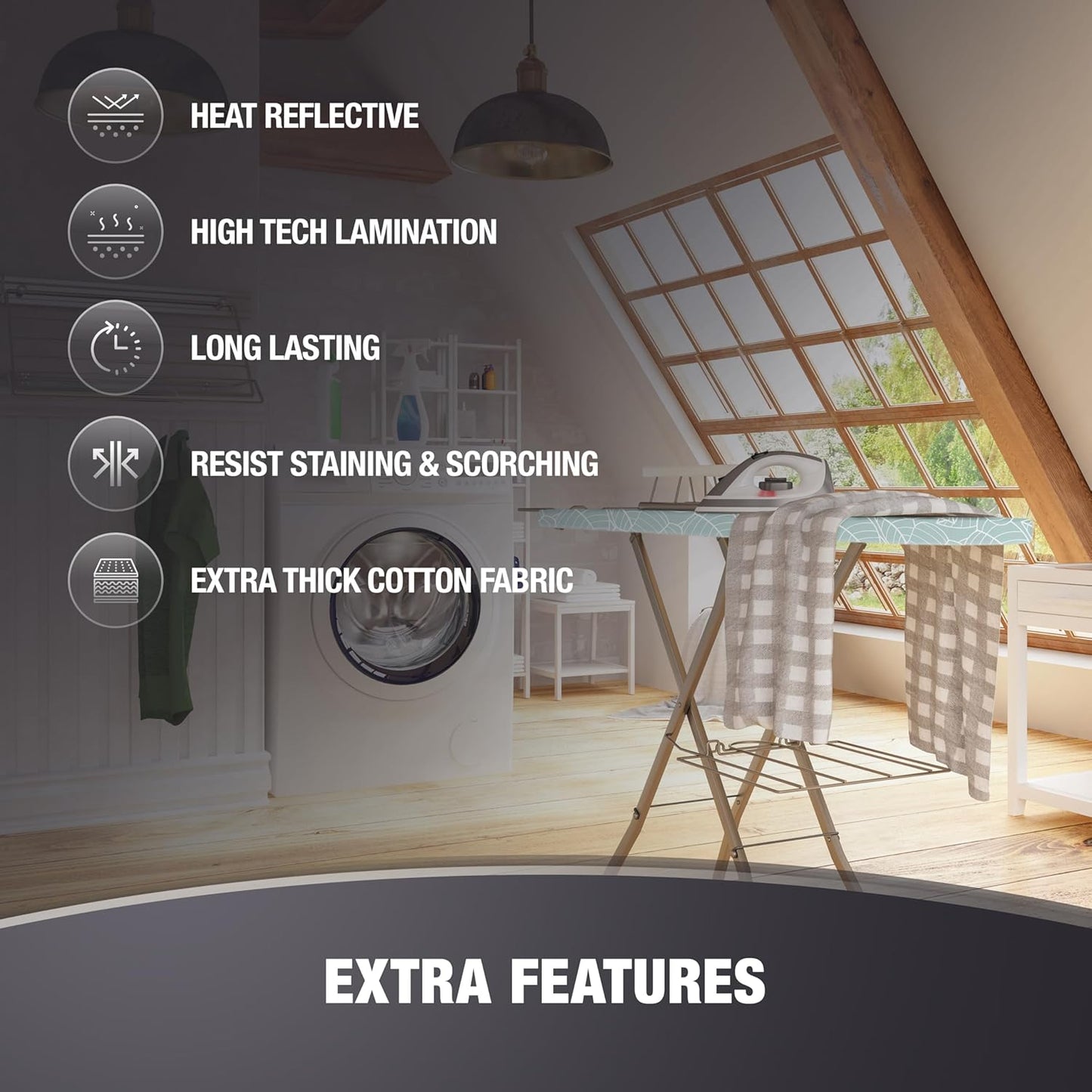 Extra Thick Ironing Board Covers with Pad Standard Size 15x54, Snug Fit Adjustable Drawstring Tightening with Stopper, Heat Reflective Coating, Nose Pocket and Fastener Straps, Green Floral