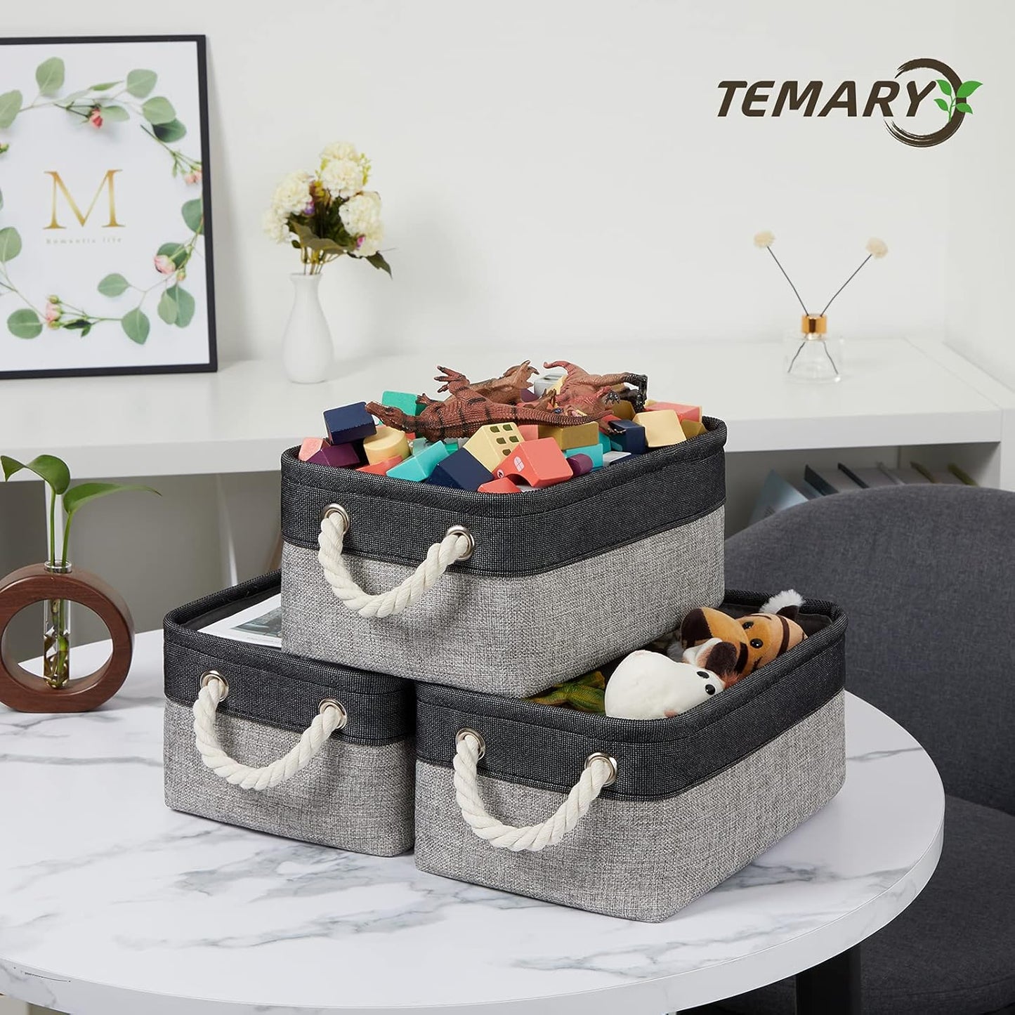 Temary Fabric Storage Baskets 6 Pcs Small Cloth Basket for Shelves Collapsible Decorative Storage Organizer Small Canvas Storage Bins with Handles (Black,11.8L x 7.9W x 5.3H inches)