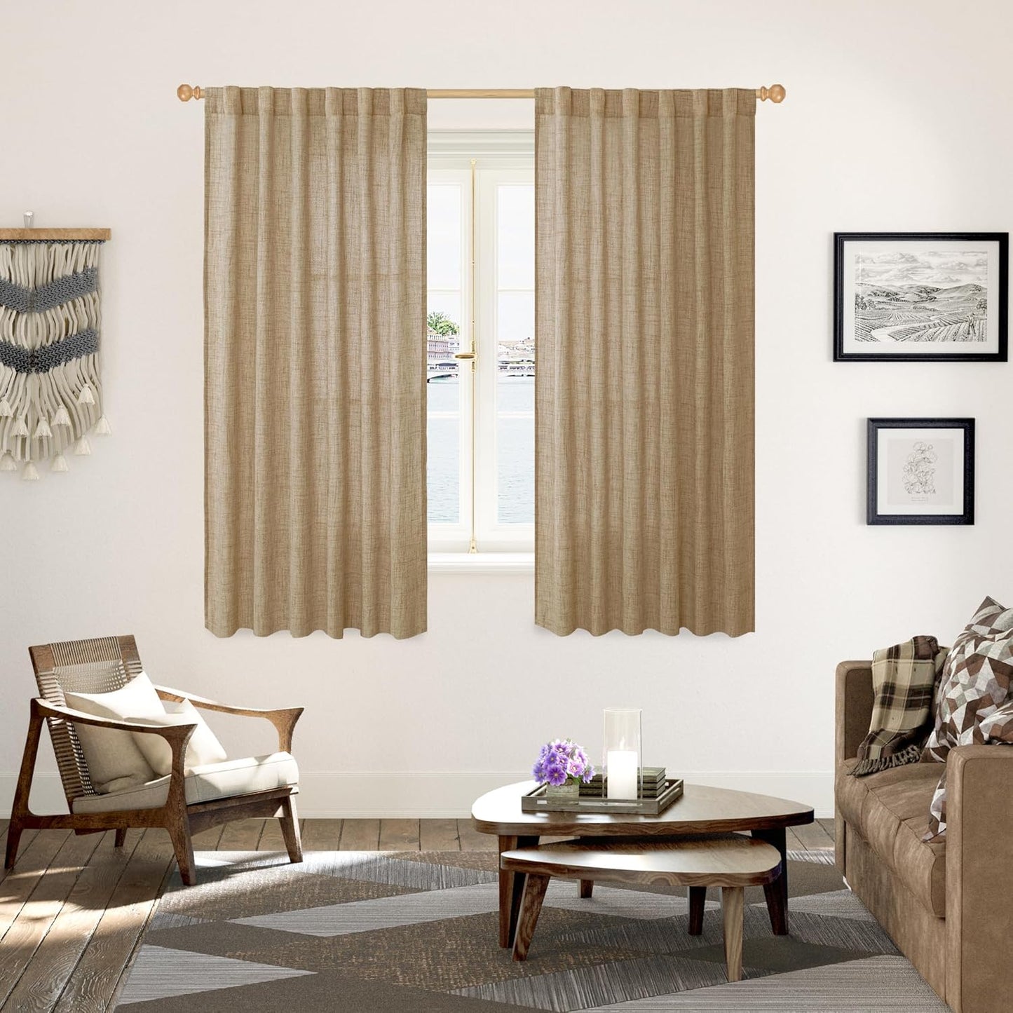 YoungsTex Burlap Linen Curtains 63 Inch Length for Living Room Window, Textured Semi Sheer Drapes Light Filtering with Rod Pocket Back Tab for Farmhouse Bedroom, Toffee, 52 X 63 Inch, 2 Panels