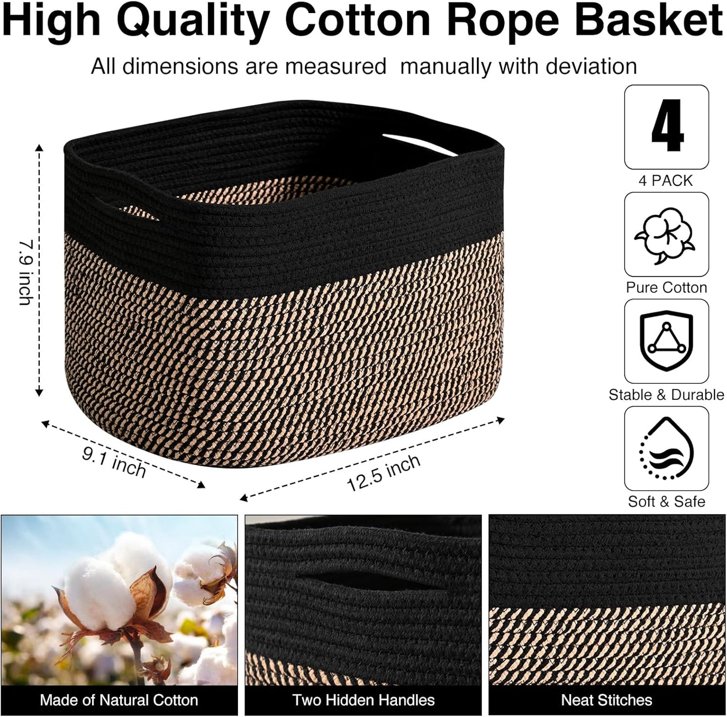 Storage Baskets for Shelves Organizing, Woven Cotton Rope Baskets for Storage, Book Basket, Decorative Shelf Basket, 12.5"Lx9.1''Wx7.9''H (4 Packs) Black & Jute