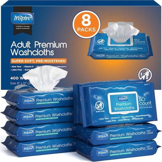 Inspire Adult Wet Wipes, Wash Cloths, Incontinence & Cleansing for Elderly Extra Large, 8"x12" (Pack of 8)