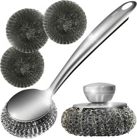 Steel Wool Scrubber Dish Brush Set with Handle, Deep Cleaning Scrubber Set, Silver