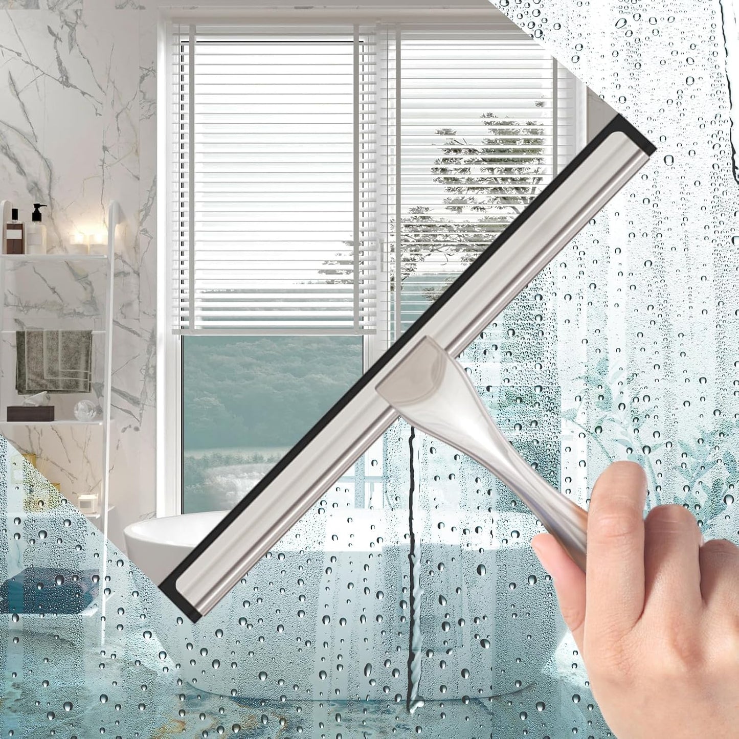All-Purpose Stainless Steel Shower Squeegee for Glass Doors with Adhesive Hooks, Squeegee for Shower Glass, Bathroom Household Cleaner Tool for Window Mirror Tile Wall Car, 10 Inch Silver