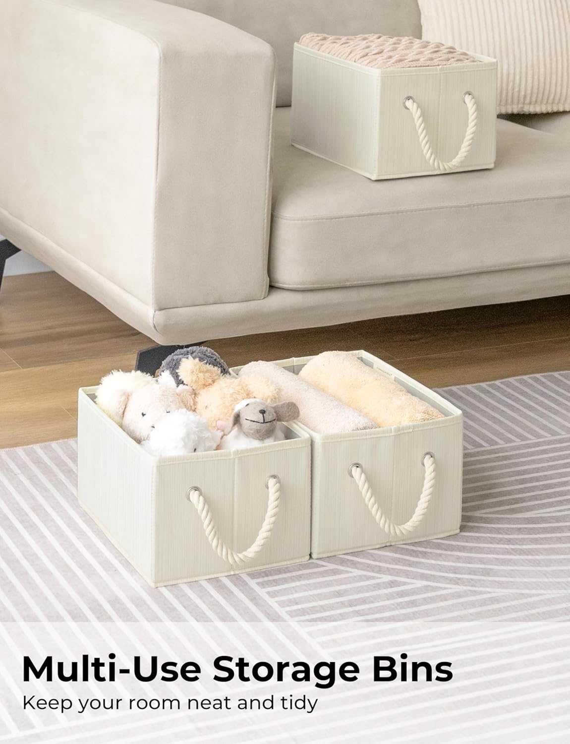 StorageWorks Storage Baskets for Shelves, Foldable Fabric Closet Storage Bins with Handles, Fabric Storage Bins Clothes Organizer, Beige, White & Ivory, 3-Pack, Small