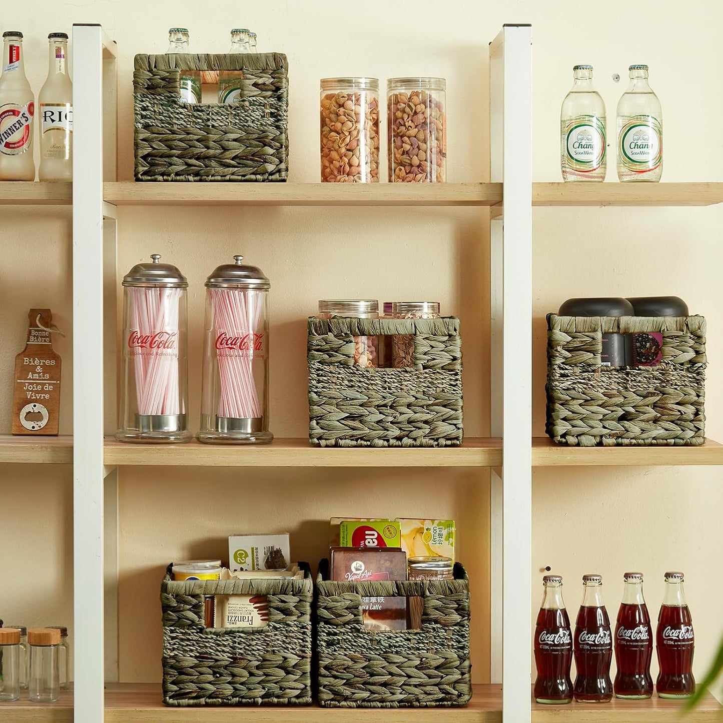 Water Hyacinth Wicker Basket, Decorative Woven Baskets with Built-in Handles, Hand-woven Storage Organizer for Organizing Pantry, Shelves, Livingroom, Bedroom, Toilet(2-PACK, Sage Green)