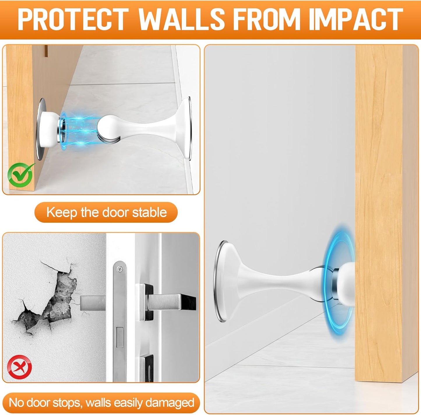 Crosize Magnetic Door Stoppers 2 Pack, Stainless Steel Door Catch for Wall and Floor Mounting, Door Holder Keep Door Open, No Drilling Door Stop with Adhesive Tapes, White