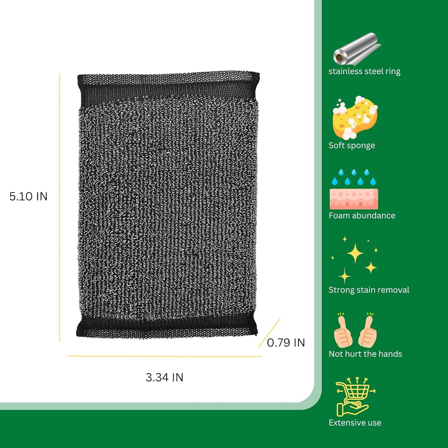 Steel Wool Scrub Sponges Kitchen, Reusable Dish Scrubber Sponge, for Pots, Pans, Gentle and Scratch Free - 12 Pack Black