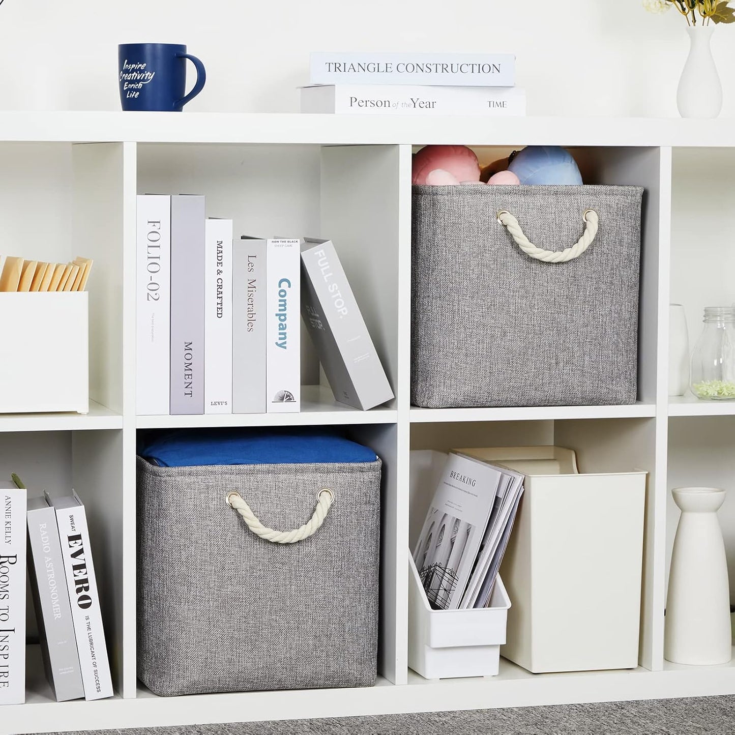 DULLEMELO Fabric Storage Bins 16x12x12 inches, Large Rectangular Storage Baskets 2 Pack, Collapsible Storage Organizer Decorative Storage Boxes for Closet, Toys, Clothes, Home, Office (Grey)