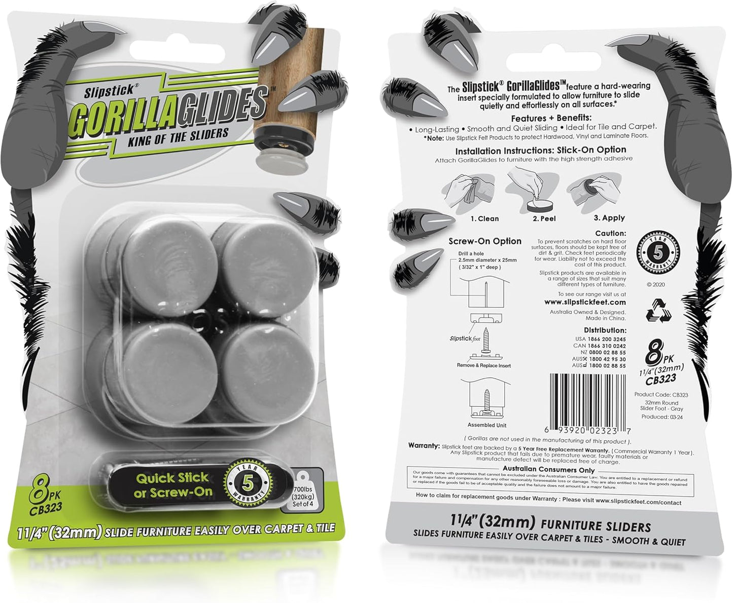 GorillaGlides CB323 1-1/4 Inch Furniture Sliders/Chair Glide Floor Protectors (Set of 8 Glides) Self-Adhesive Screw On Furniture Glides for Low Pile Carpet and Hard Surface Flooring, Round