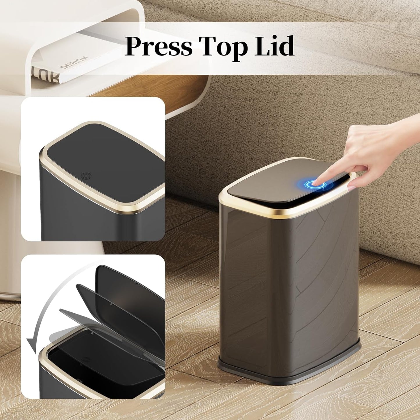 2.1 Gallon Bathroom Trash Can with Lid Press Top, 8 Liter Stainless Steel Garbage Can with Press Type Lid, Slim Trash Bin Waste Basket for Toilet, Office, Bedroom (Titanium Black)