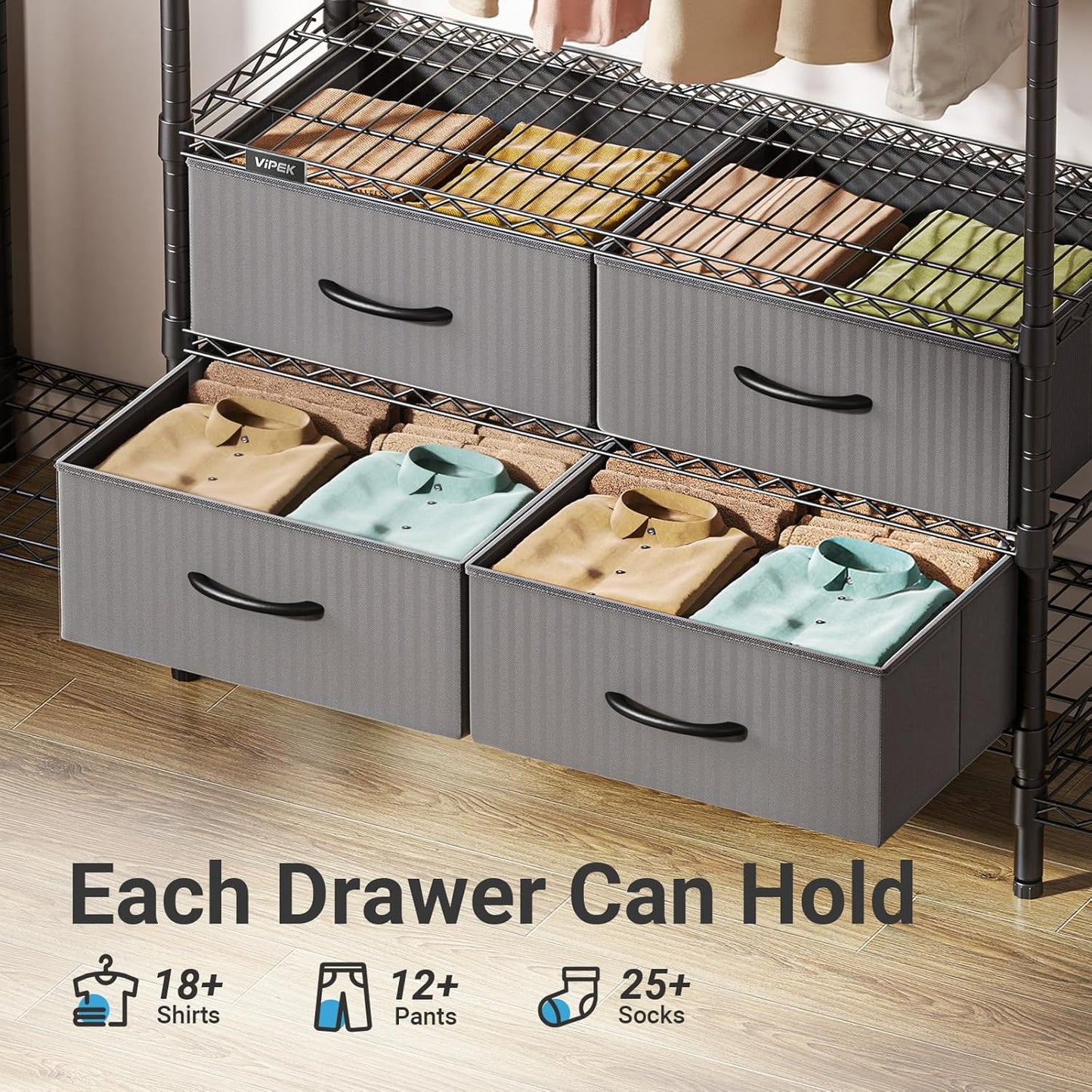 VIPEK V20 Wire Garment Rack Heavy Duty Clothes Rack, Metal Clothing Rack with 6 Shelves, 3 Hang Rods & 4 Fabric Drawers, Compact Wardrobe Closet, 56.7" L x 14.6" W x 70.9" H, Black