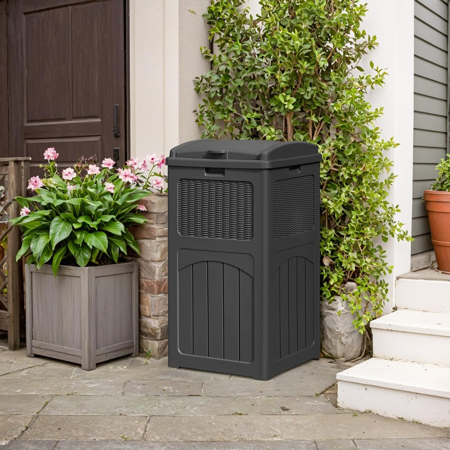 YESHOMY 2 Pack Outdoor Trash Can with Lid, Garbage Bins for Garden, Porch, Home and Kitchen, Gray