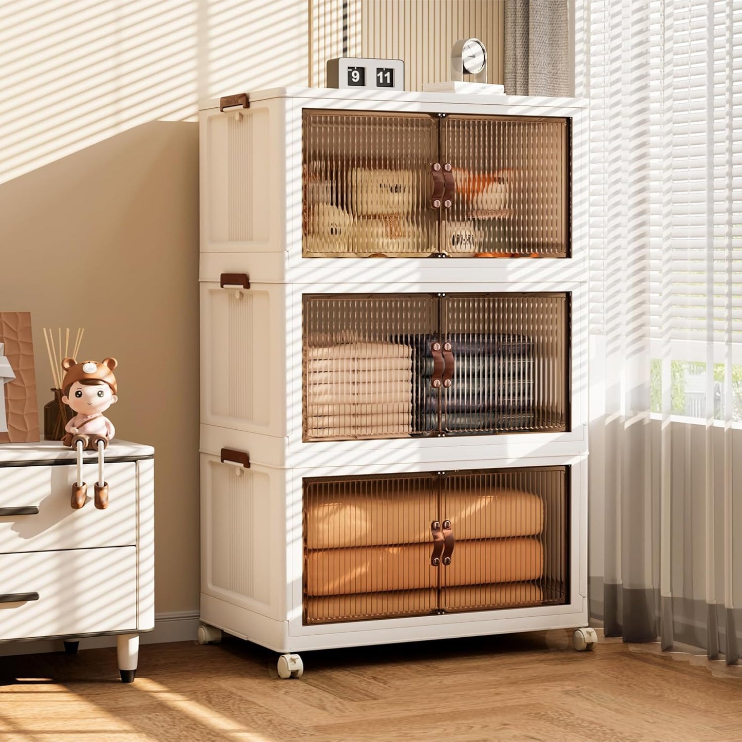 Jalove 90Gal Large Storage Bins with lids, 360QT Plastic Stackable Storage Containers with Wheels, Collapsible Closet Organizer and Storage Drawers,Clothes Organization for Cabinet Home, 3Pack White