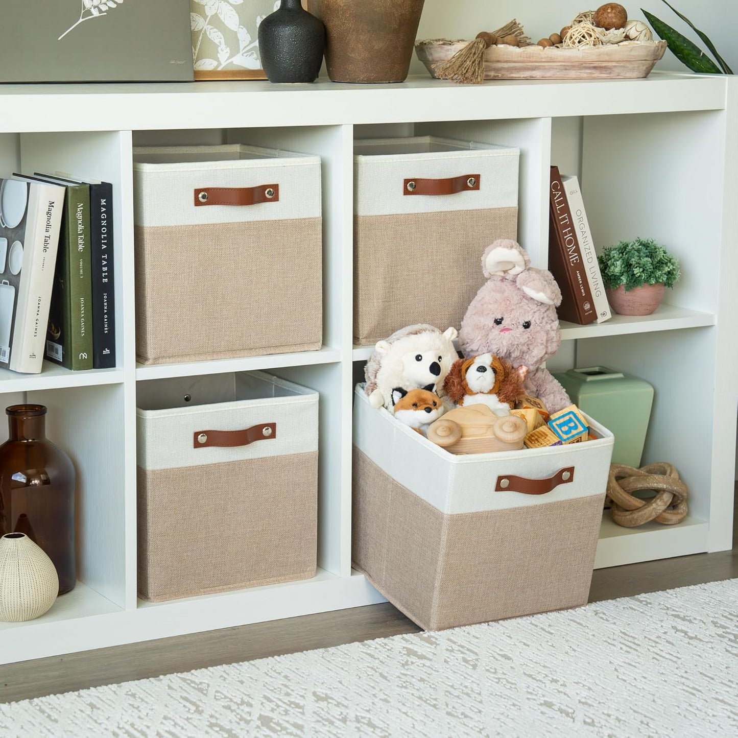 OrganiHaus 11x11 Fabric Cubes Storage Bins Set of 4, Foldable Collapsible Fabric Storage Bins for Organizer, Cubbies Organizer for Kallax, Linen Cube Shelf Baskets, Toy Organizing boxes - Beige/White