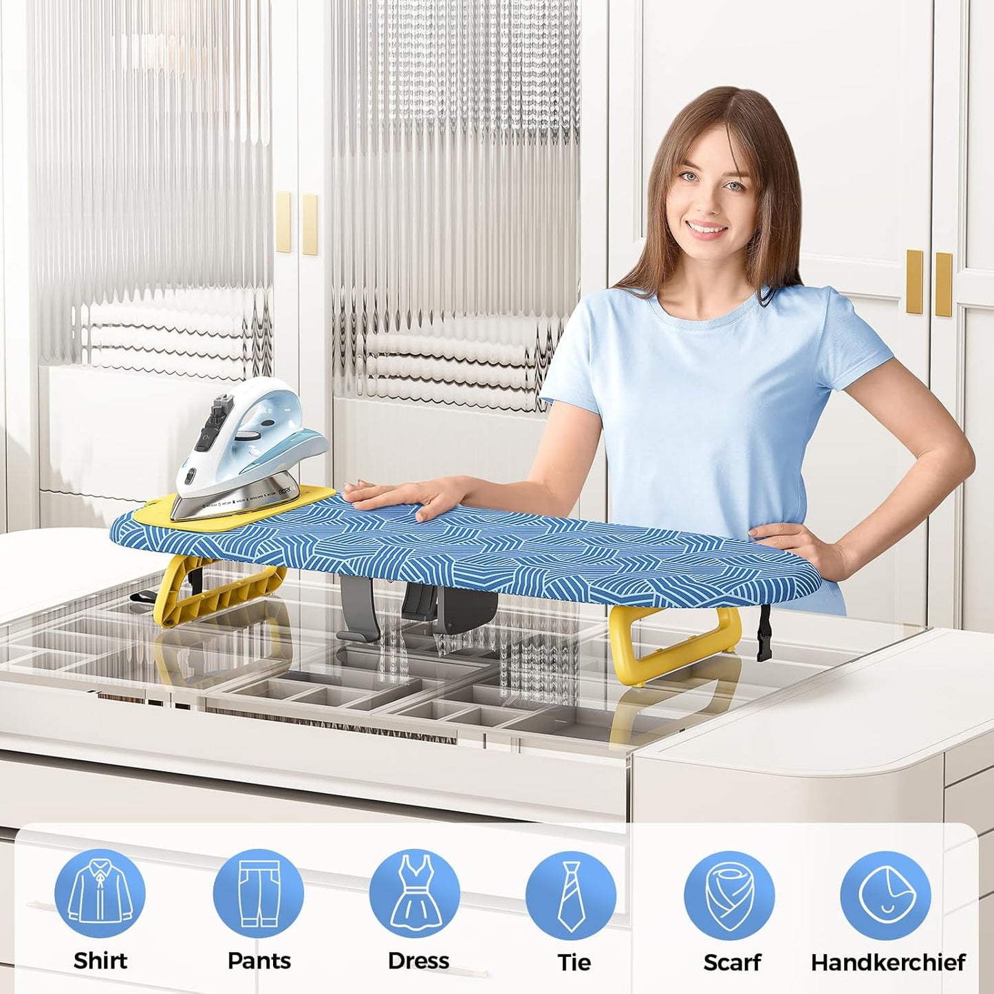 KINGBOARD Tabletop Ironing Board, Small Ironing Board with Iron Holder, Foldable Mini Iron Board, Easy Storage for Travel & Dorm, 12x32 Blue