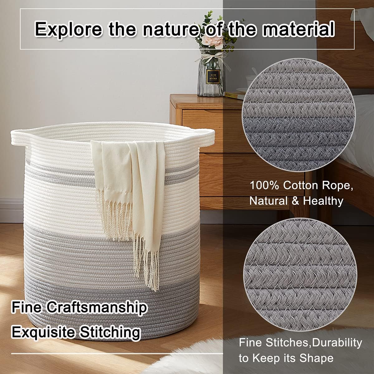 OIAHOMY 80L Laundry Hamper with Handles,Decorative Basket for Living room,Woven Storage Basket for Toys Bin,Pillows, Blankets,Clothes-20x18in-Gradient Gray