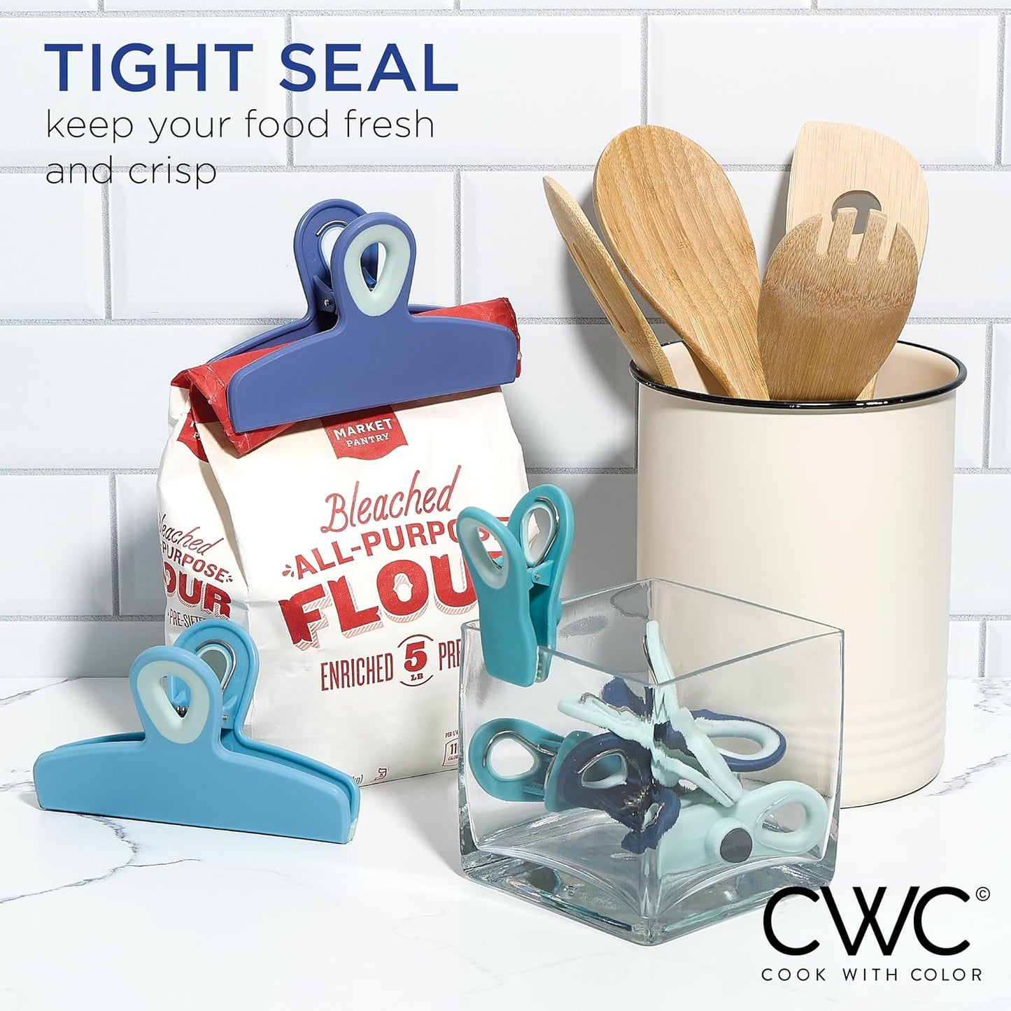 COOK WITH COLOR Bag Clips - Heavy Duty Chip Clip and Refrigerator Magnet Clips for Food Storage with Air Tight Seal Grip, Bright Blue, Pack of 8