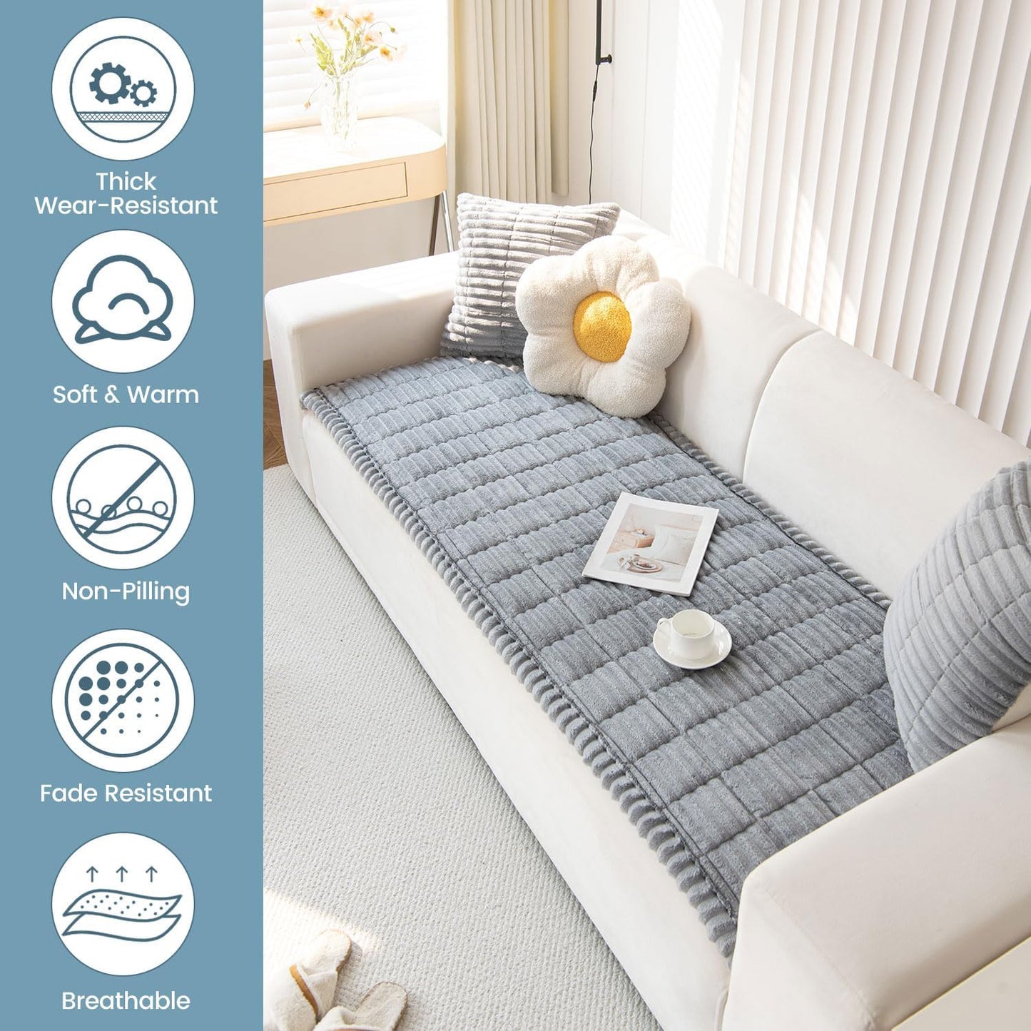 OTOB Couch Covers for 3 Cushion Sofa Pet Friendly, Plush Fuzzy Non Slip Sofa Covers Washable, Soft All Seasons Sofa Slipcovers Furniture Protector Dog Bed Mat (Gray, 27.6" x 82.7")