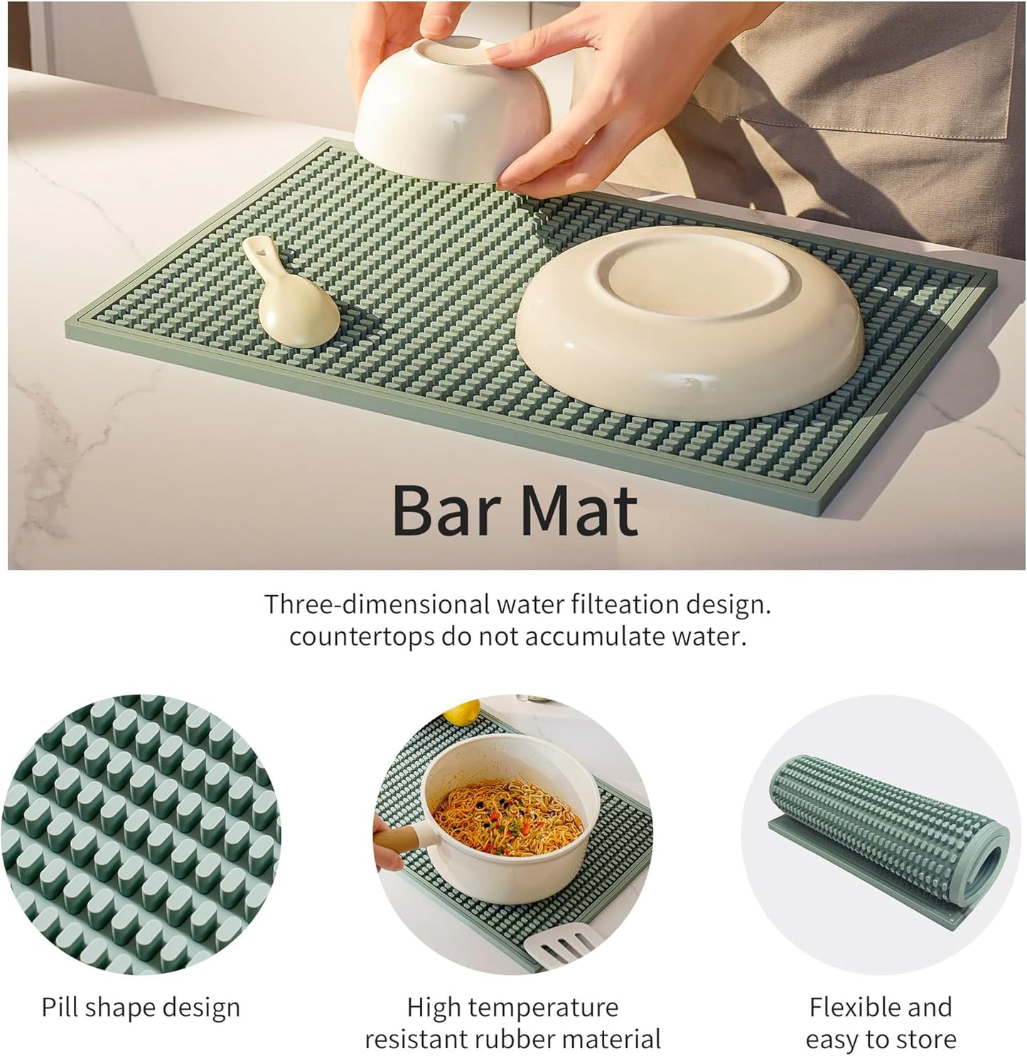 Dish Drying mat - 18" x 12" Green Silicone Drying mat, Kitchen Counter Dish Drying mats,Rubber Dish Drying mat, Applies to bar mat、Coffee mat