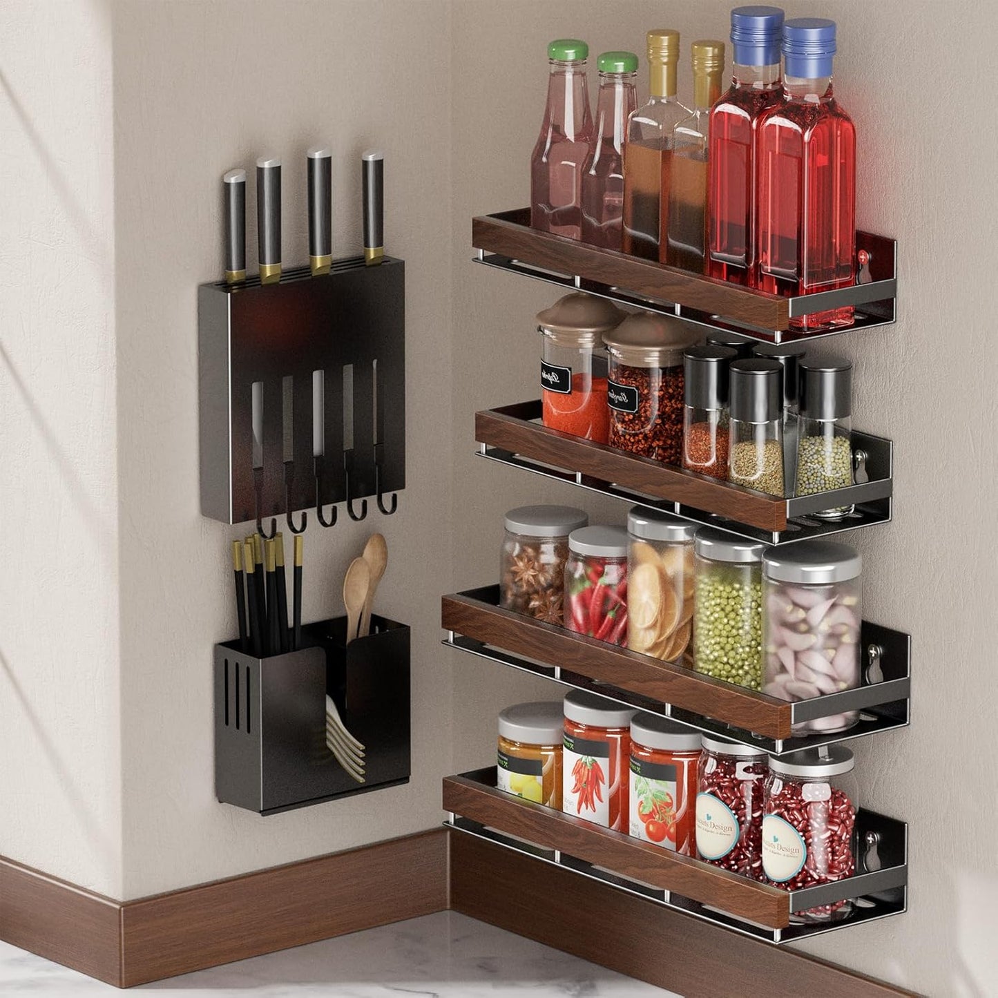 Walnut Magnetic Spice organizer for Refrigerator Wall Mount Spice Rack Magnetic Fridge Shelf Spice Jar Seasoning Organizer (4 PSC)