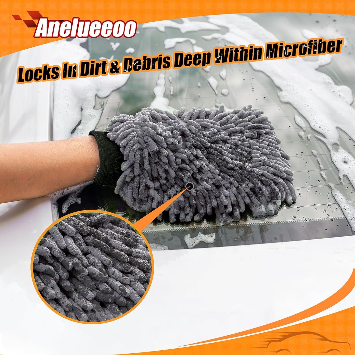 Car Wash Mitt Microfiber, Premium Chenille Microfiber Wash Car Mitts Sponge Scratch Free & Lint-Free, Mitts Waterproof Lining 4 Pack Gray(8''X12'')