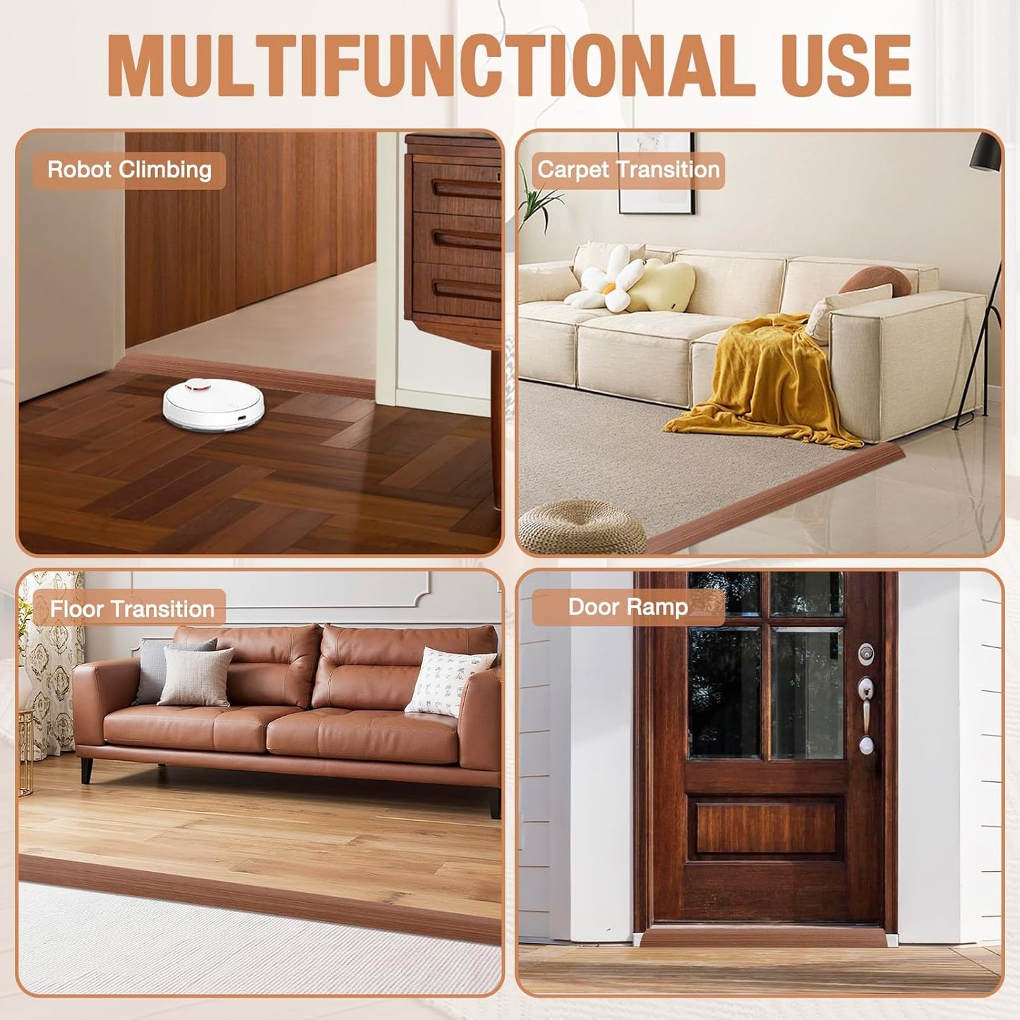 Floor Transition Strip Self Adhesive Vinyl Door Threshold for Doorways Carpet Edging Trim Overlap Edge Reducer for Laminate Floor, Carpet, Tile (Light Brown Wood Grain, 2/5" to 3/5", 6.6Ft)