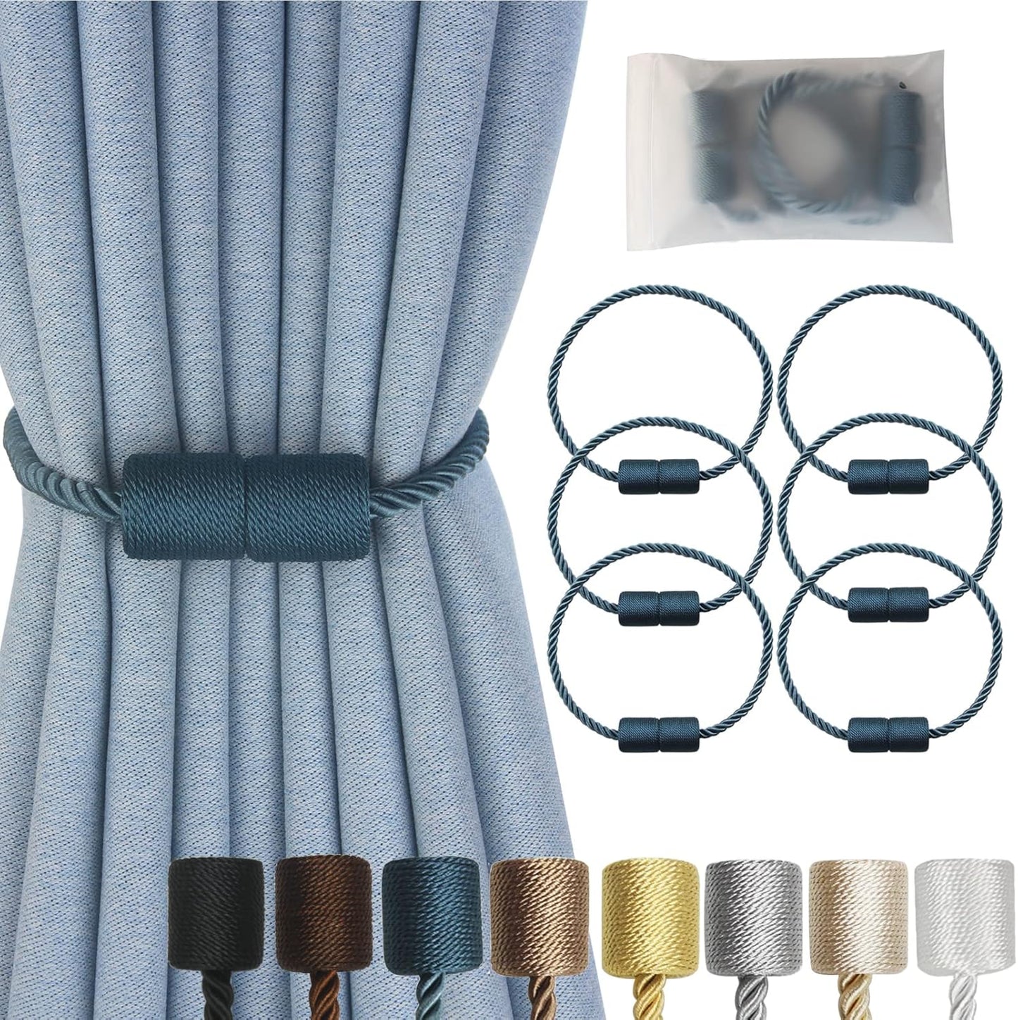 Magnetic Curtain Tiebacks 6 Pack Blue Curtain Rope Tieback Curtain Holders for Drapes Modern Tie Backs Decorative Curtain Holdbacks