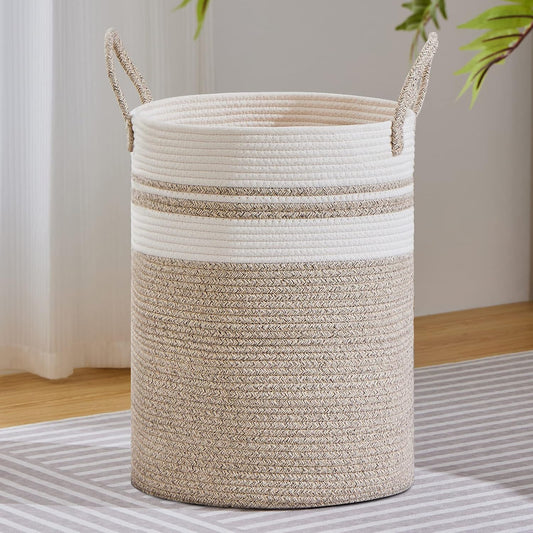 VIPOSCO Large Laundry Hamper, Tall Woven Rope Storage Basket for Blanket, Toys, Dirty Clothes in Living Room, Bathroom, Bedroom - 100L Brown & White