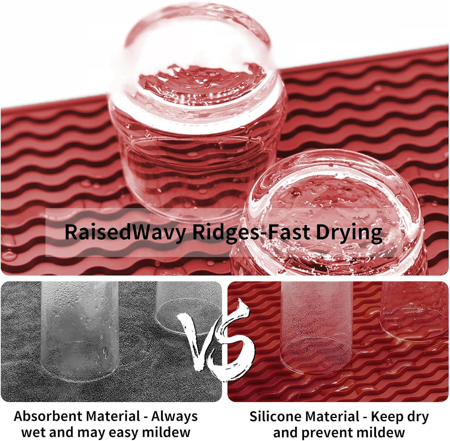 ZLR Silicone Dish Drying Mat for Kitchen Counter, Eco-Friendly Fast Dry Dish Mat, Easy Clean Multi Usage Drying Matt, Heat Resistant Trivet, 12" x 16" Large, Lave Red