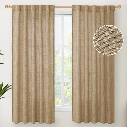 YoungsTex Toffee Linen Curtains 63 Inch Length for Short Living Room Window, Light Filtering Rod Pocket Burlap Textured Drapes for Bedroom Back Tab Rustic, 42 X 63 Inch, 2 Panels