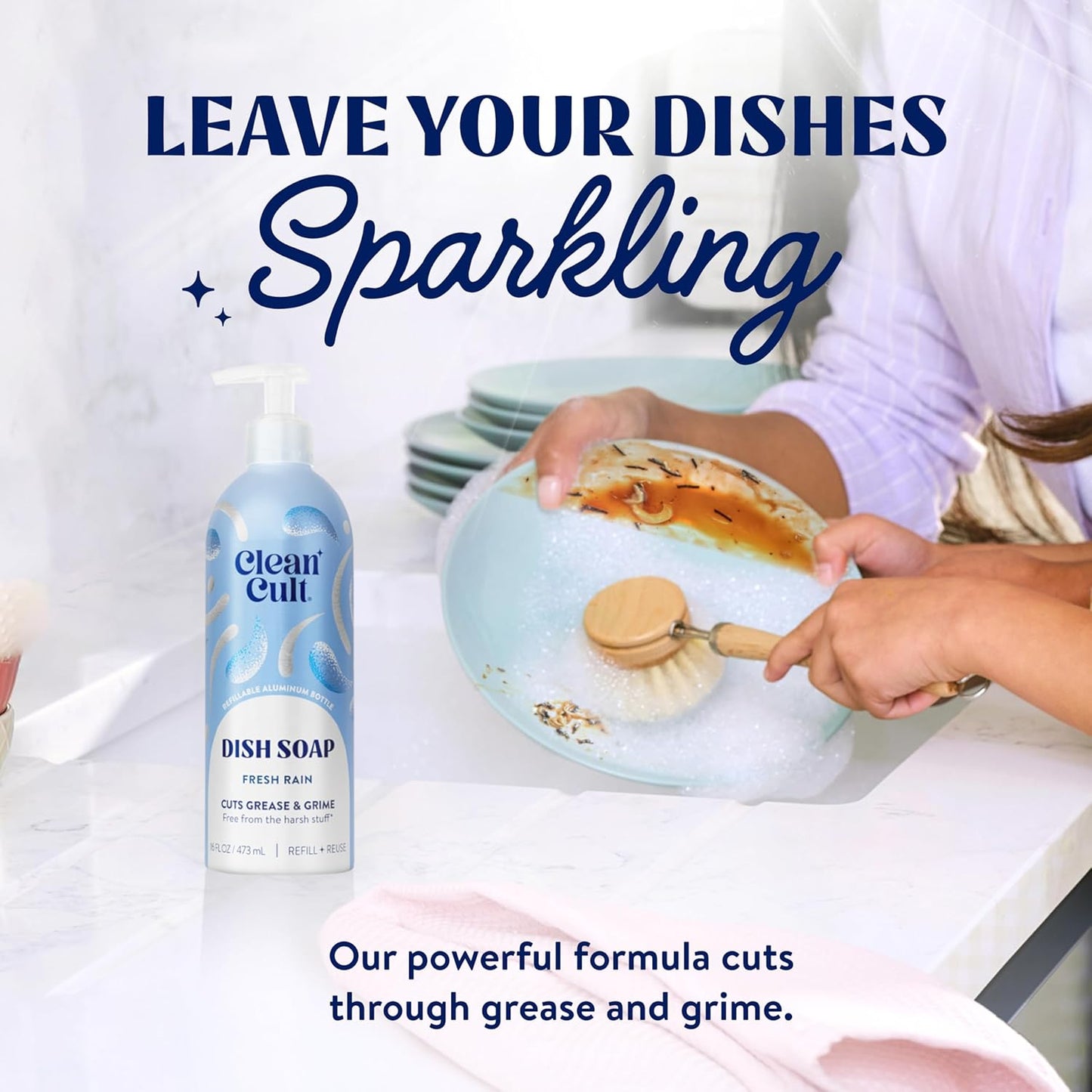 Cleancult Dish Soap Liquid Refill (32oz, 1 Pack) - Plant Based Cleaning Power - Dish Soap that Cuts Grease & Grime - Free of Harsh Chemicals - Uses 90% Less Plastic - Fresh Rain