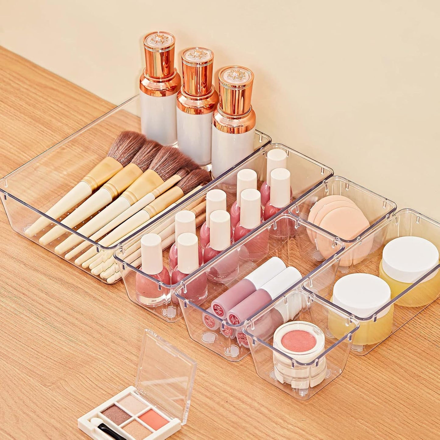 SMARTAKE 28 Piece Drawer Organizers with Non-Slip Silicone Pads, 4-Size Desk Drawer Organizer Trays Storage Tray for Makeup, Jewelries, Utensils in Bedroom Dresser, Office and Kitchen, Clear